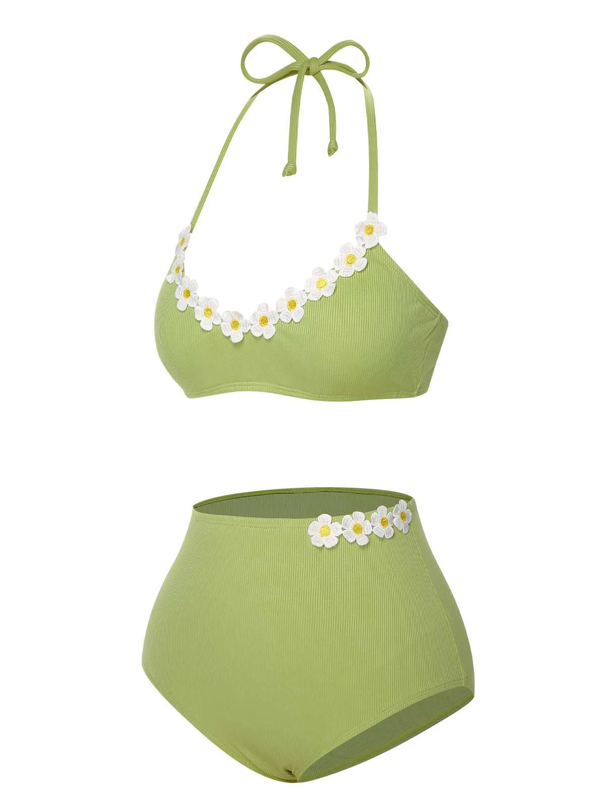 [US Warehouse] Light Green 1960s Halter Knit Daisy Swimsuit - Image 3