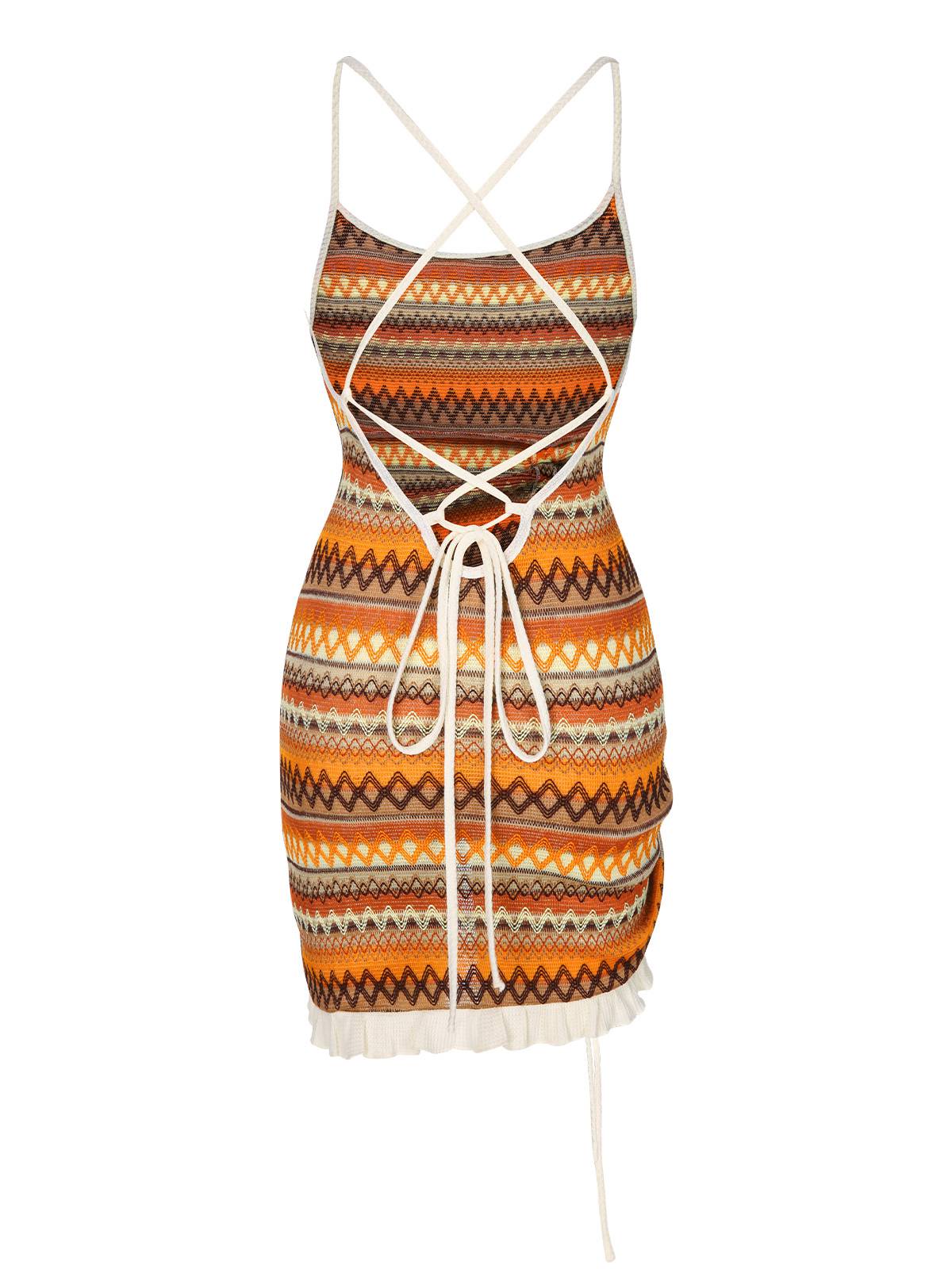 Multicolor 1960s Bohemian Drawstring Knit Straps Dress - Image 3
