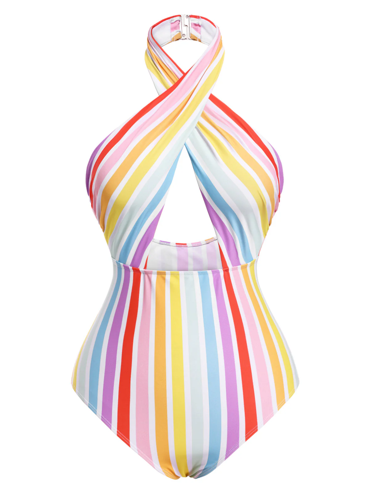 [US Warehouse] Multicolor 1960s Rainbow Stripe Halter Swimsuit - Image 2