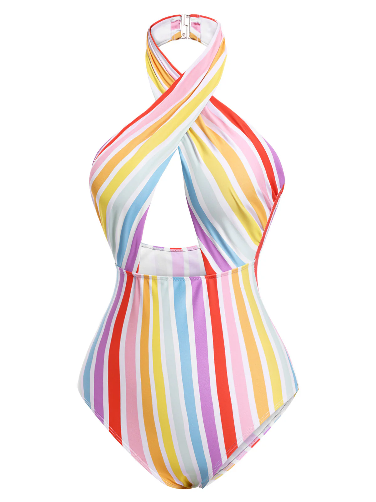 [US Warehouse] Multicolor 1960s Rainbow Stripe Halter Swimsuit - Image 3