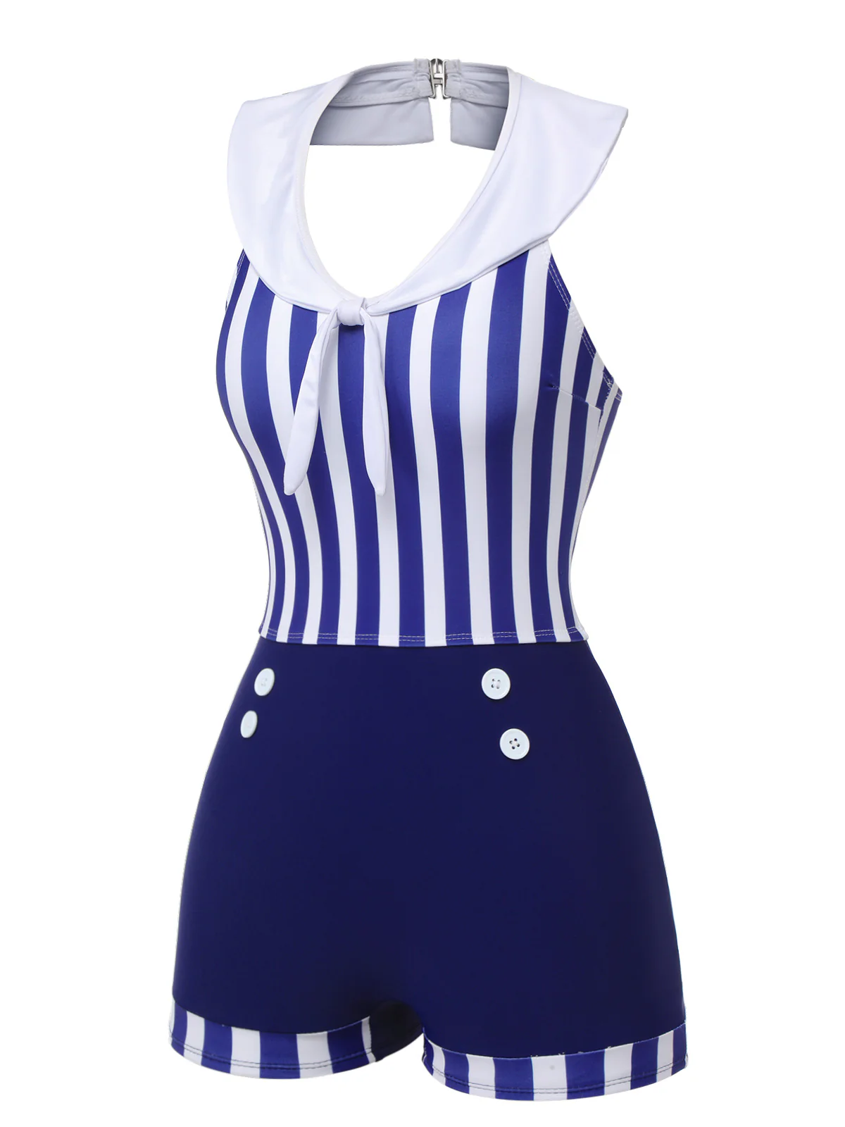 Navy Blue 1950s Striped Navy Collar Swimsuit - Image 3