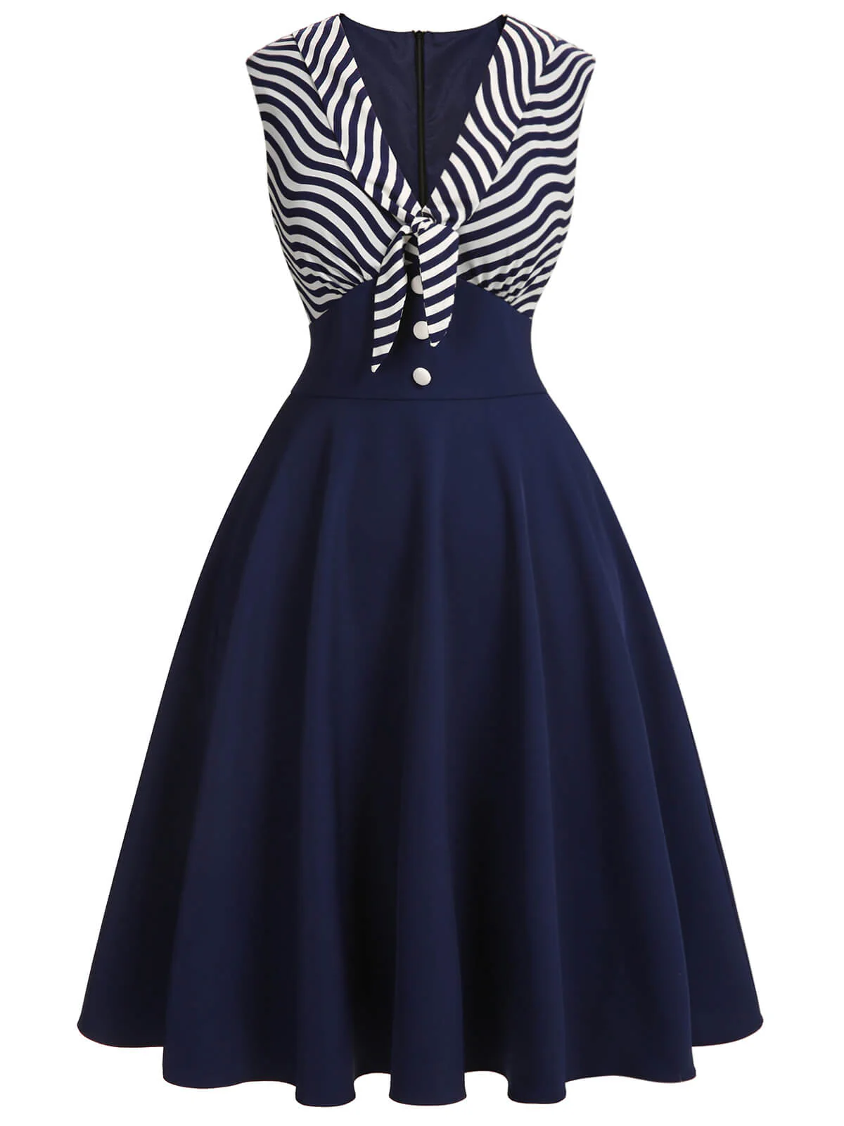 [US Warehouse] Navy Blue 1950s Striped Patchwork Dress - Image 2