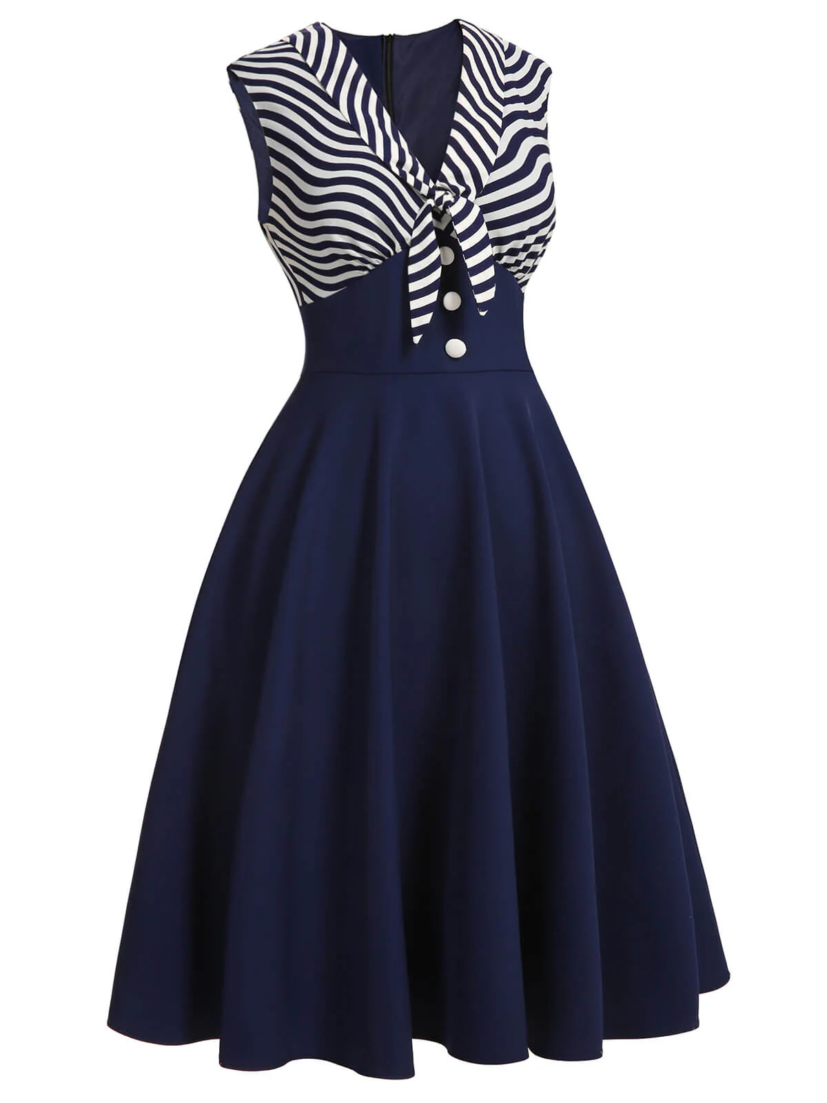 [US Warehouse] Navy Blue 1950s Striped Patchwork Dress - Image 3