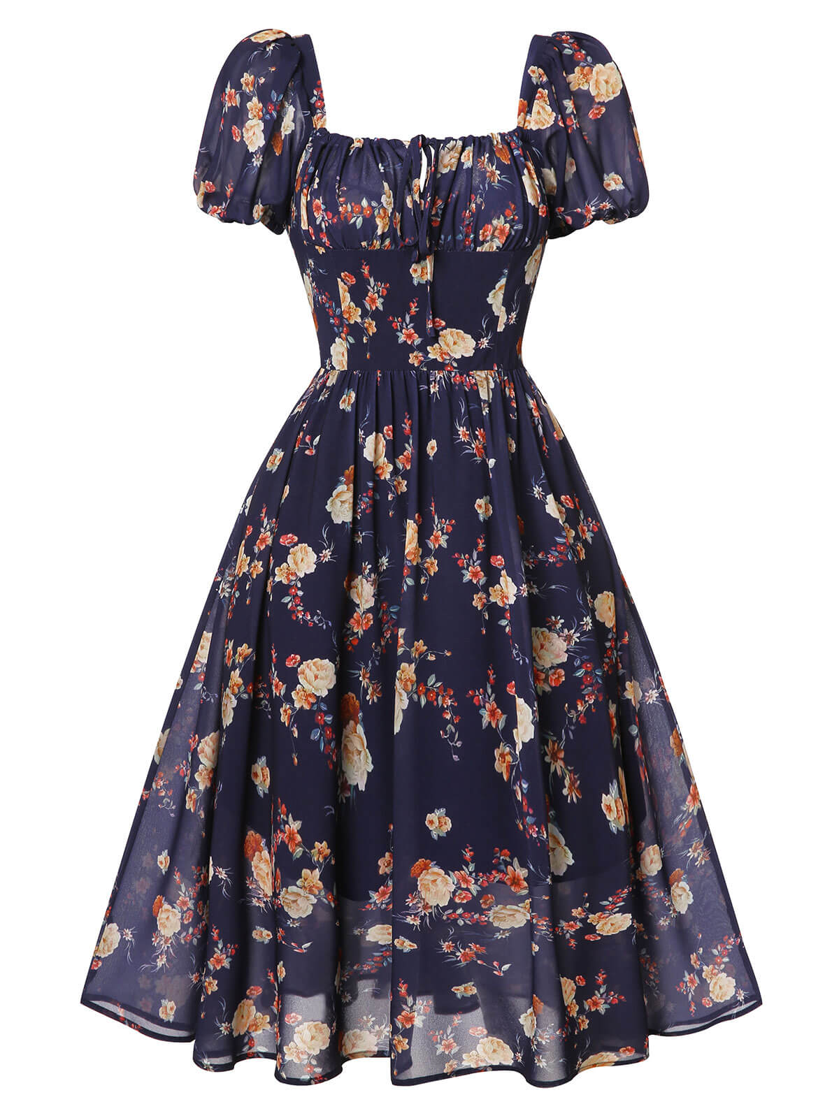 [US Warehouse] Navy Blue Floral Bubble Sleeves Dress - Image 2