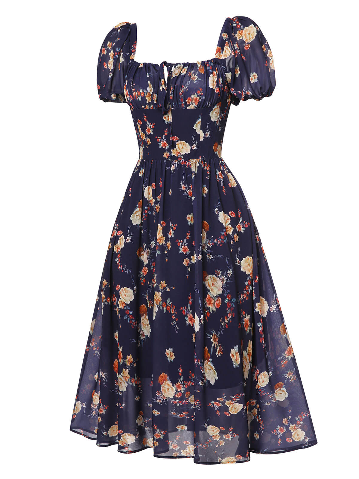 [US Warehouse] Navy Blue Floral Bubble Sleeves Dress - Image 3