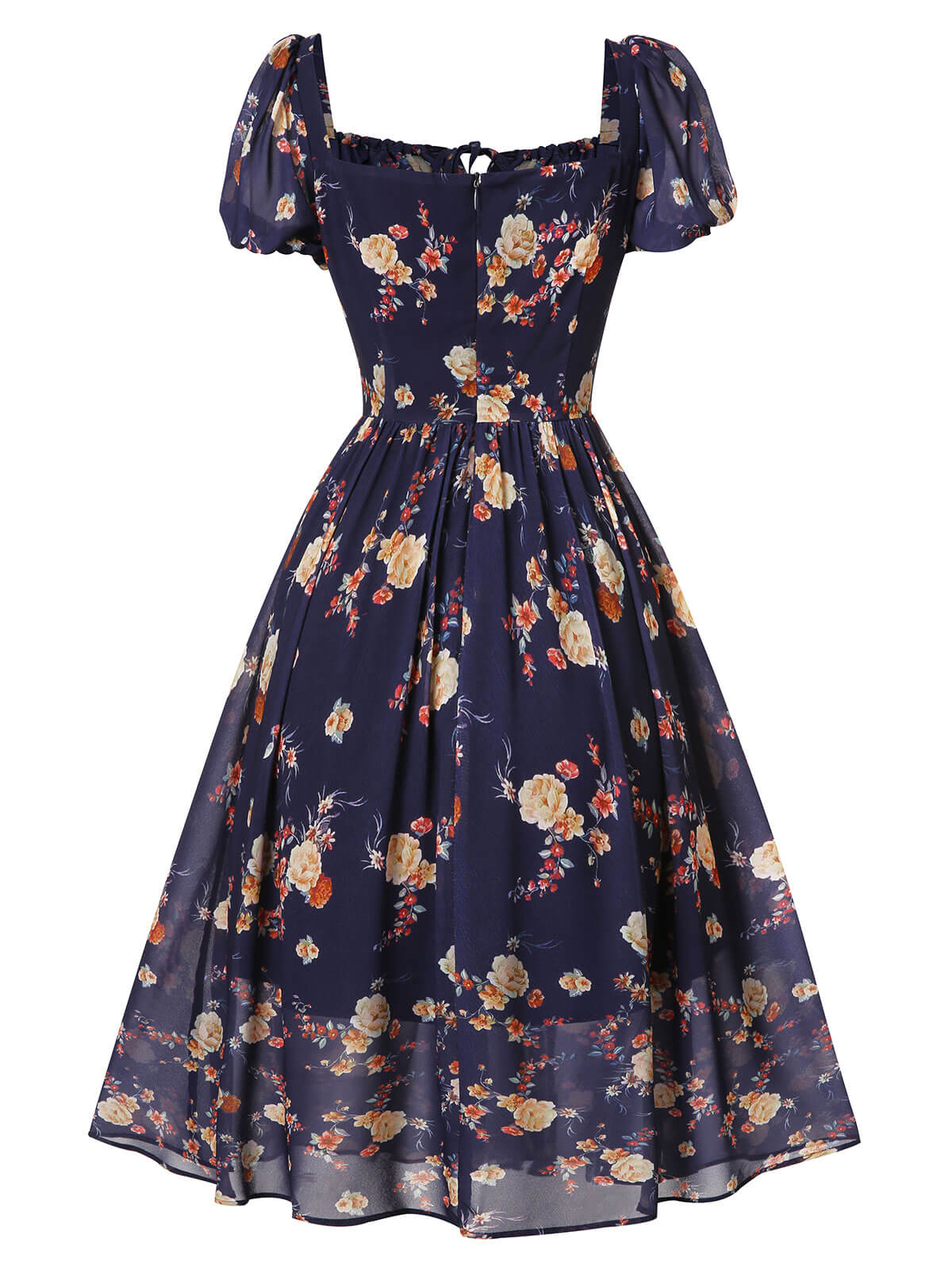 [US Warehouse] Navy Blue Floral Bubble Sleeves Dress - Image 4
