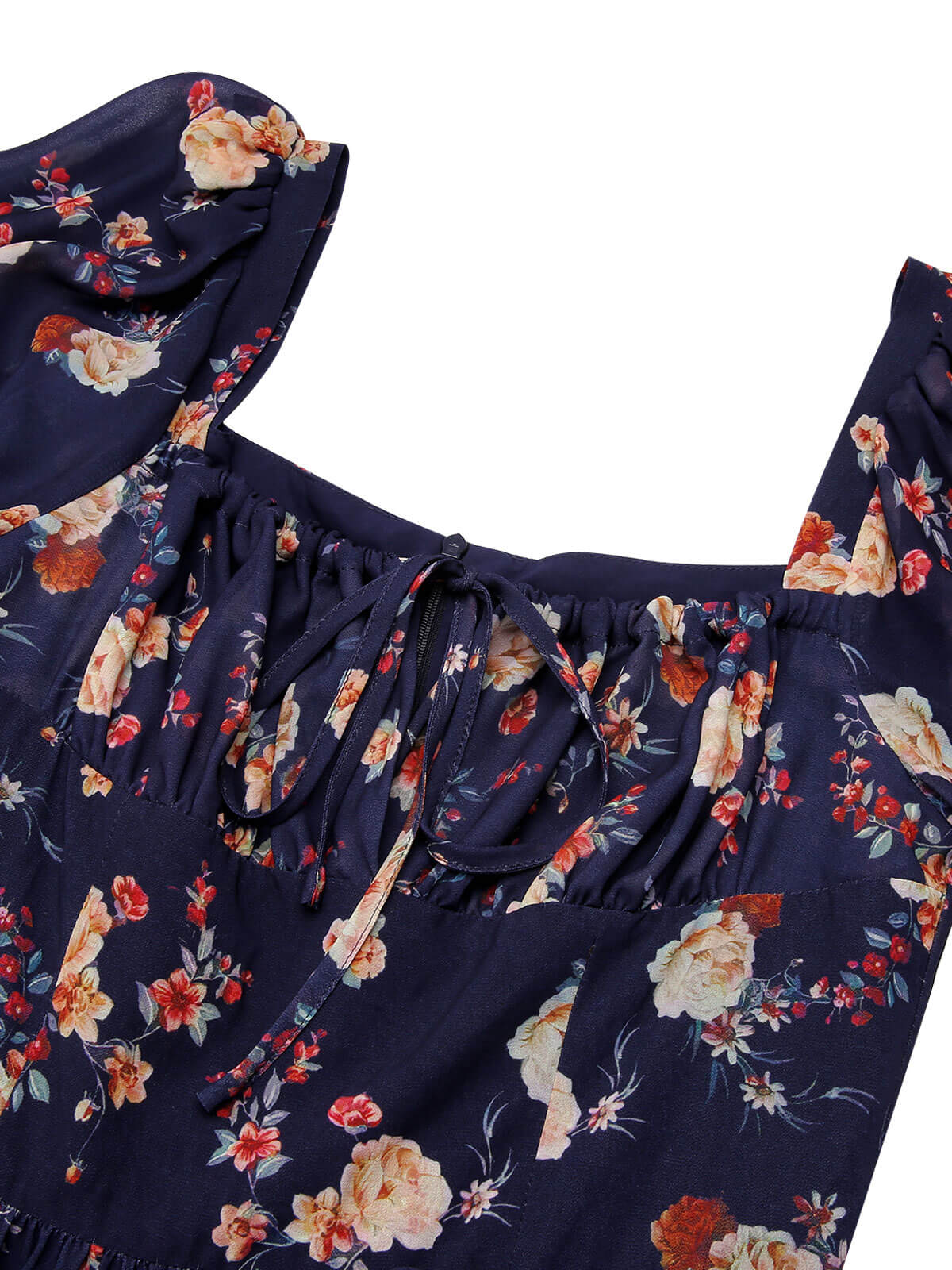 [US Warehouse] Navy Blue Floral Bubble Sleeves Dress - Image 6