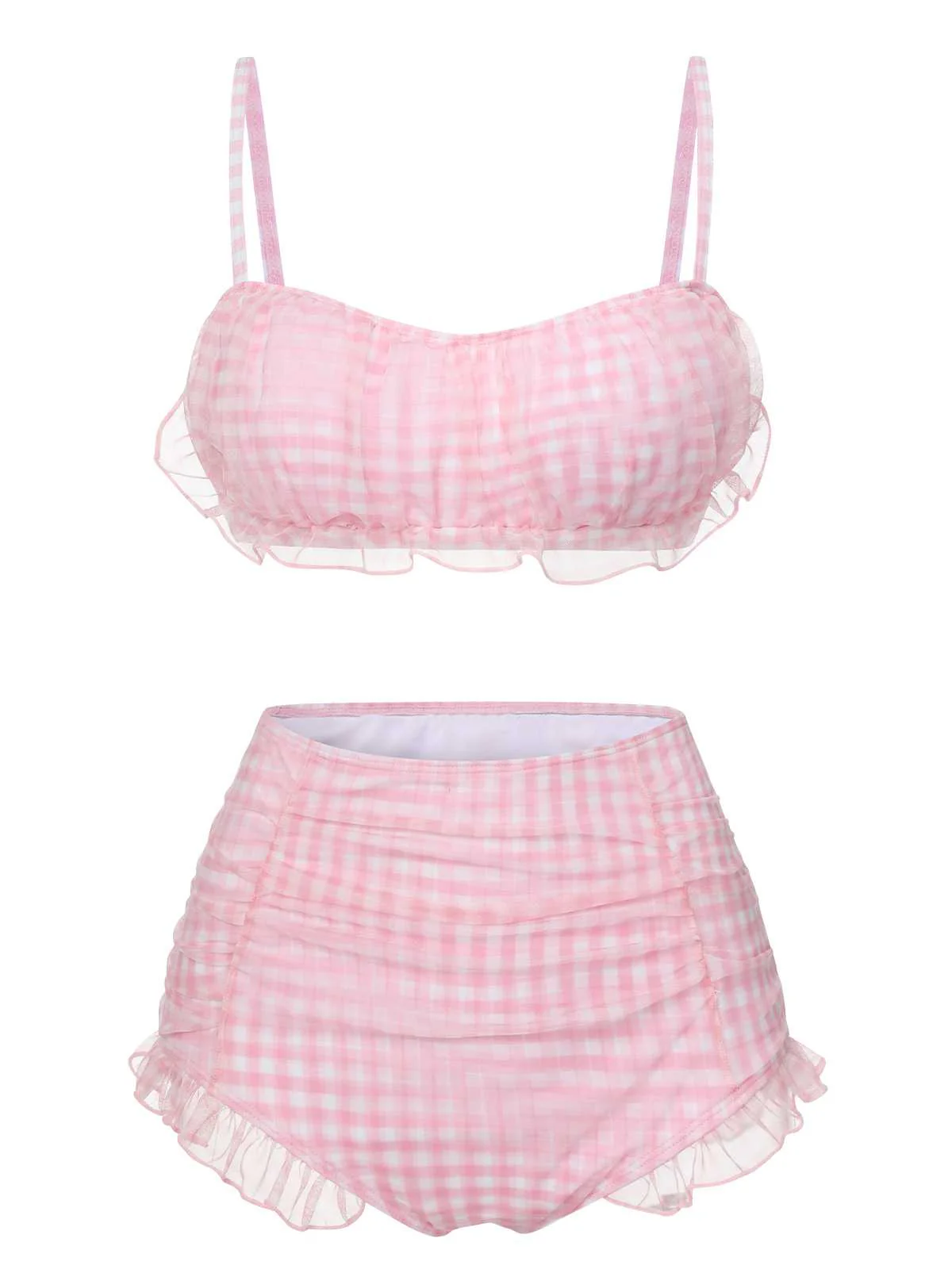 Pink 1940s Spaghetti Strap Mesh Plaids Swimsuit - Image 2