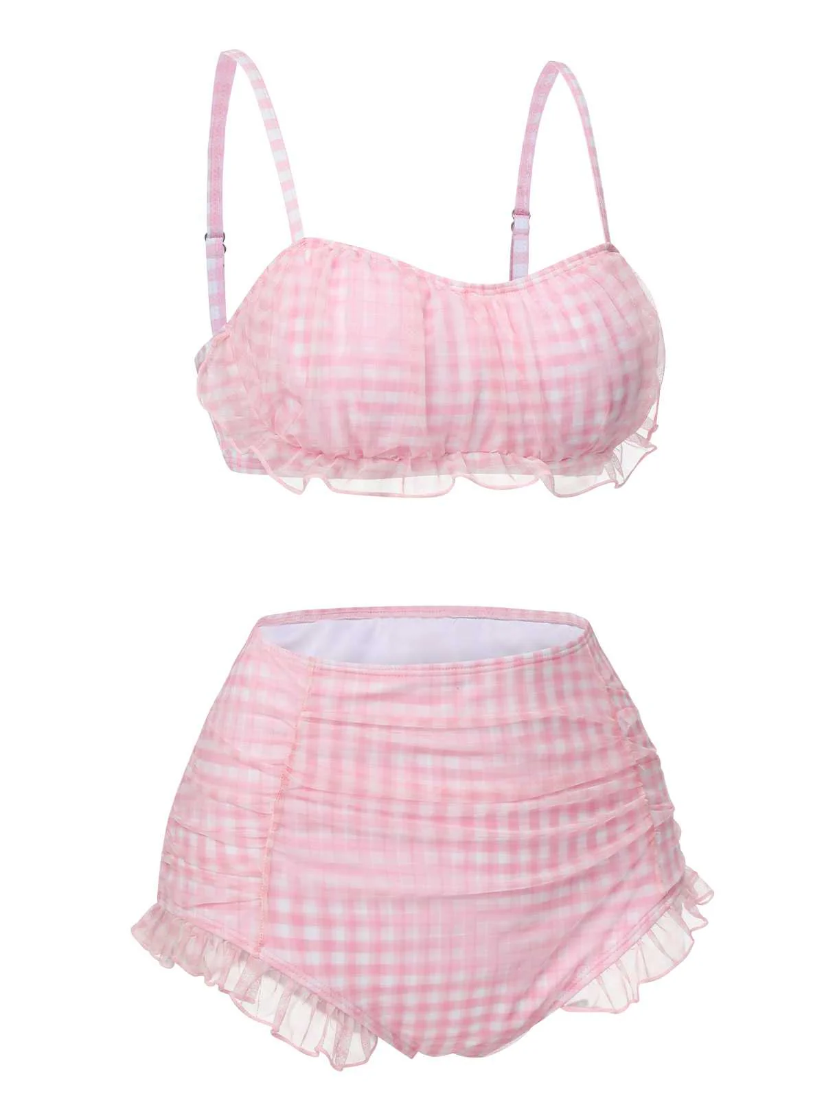 Pink 1940s Spaghetti Strap Mesh Plaids Swimsuit - Image 3
