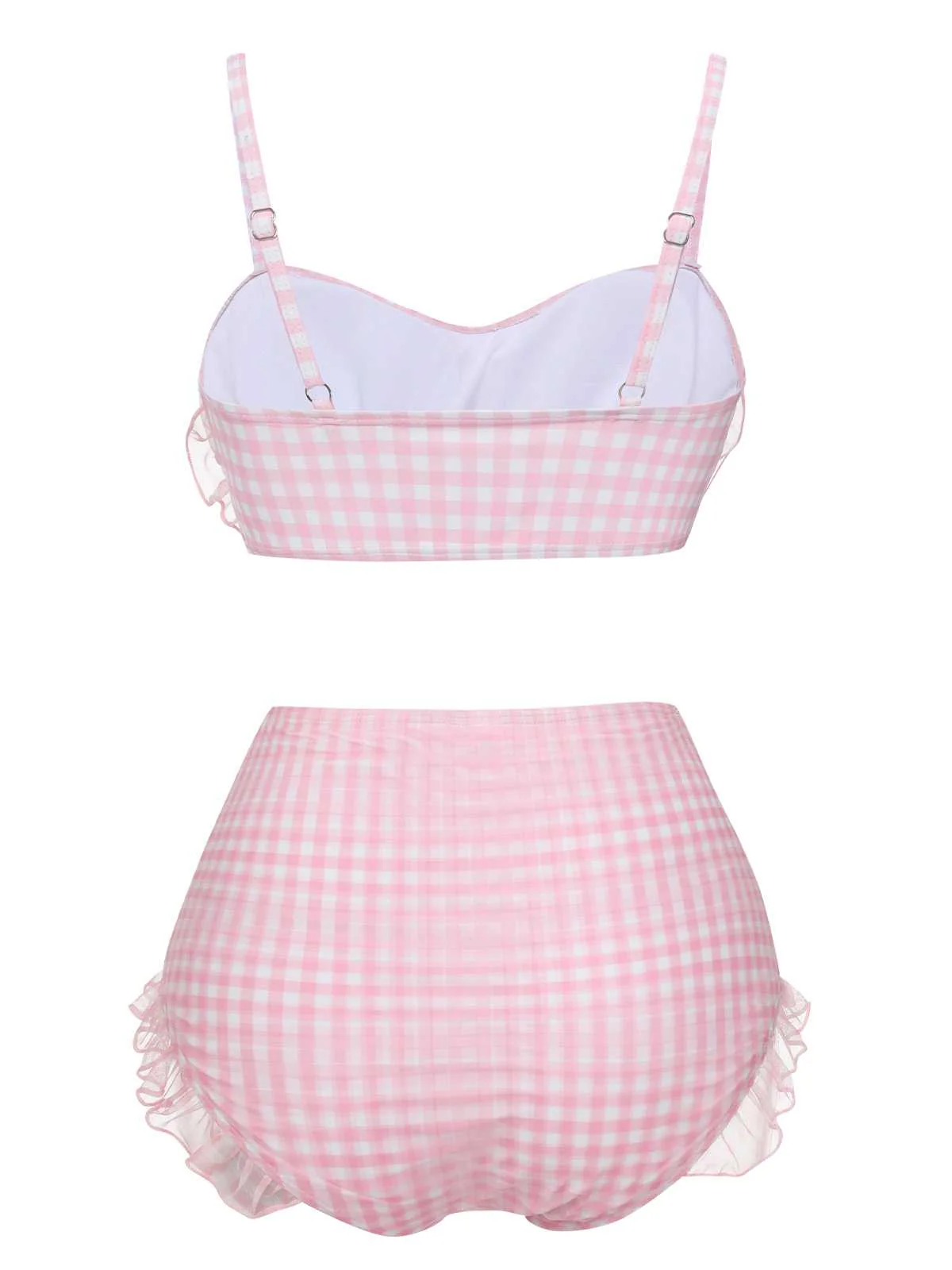 Pink 1940s Spaghetti Strap Mesh Plaids Swimsuit - Image 4