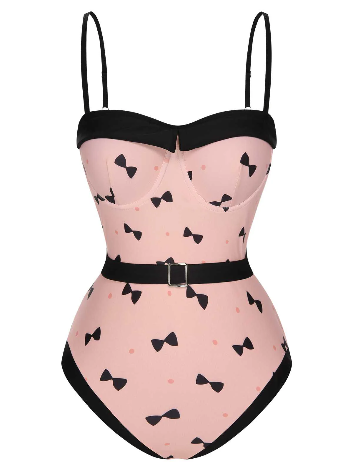 [US Warehouse] Pink 1950s Bow Polka Dots Print One-Piece Swimsuit - Image 2