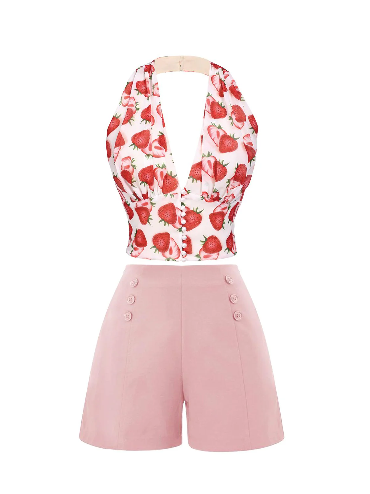[US Warehouse] Pink 1950s Button Solid Shorts - Image 2
