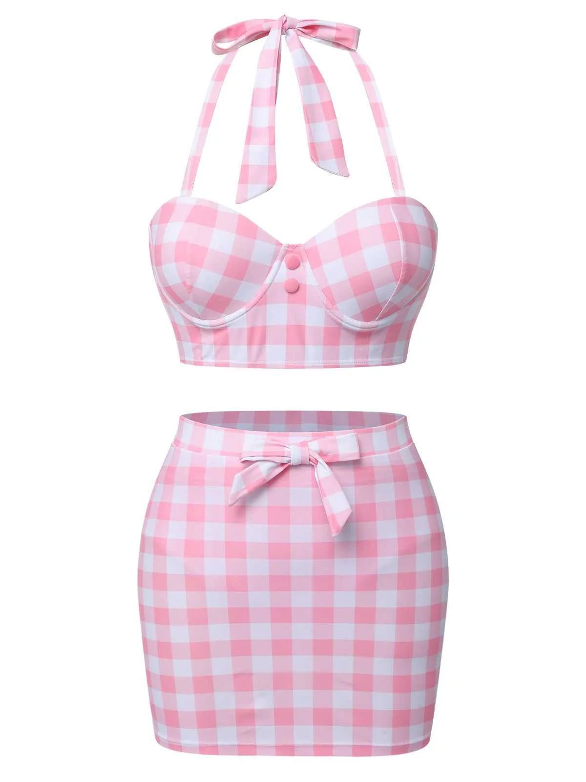 [US Warehouse] Pink 1950s Halter Plaids Bow Swimsuit - Image 2