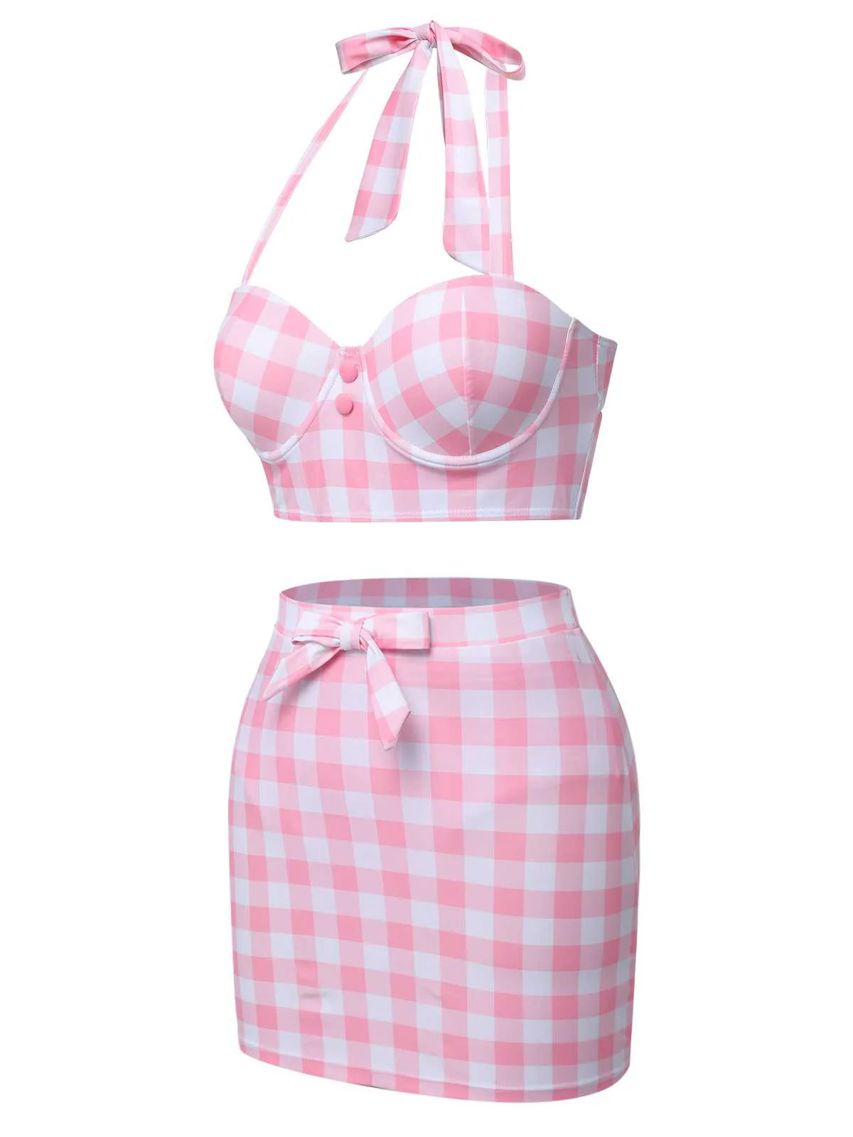 [US Warehouse] Pink 1950s Halter Plaids Bow Swimsuit - Image 3