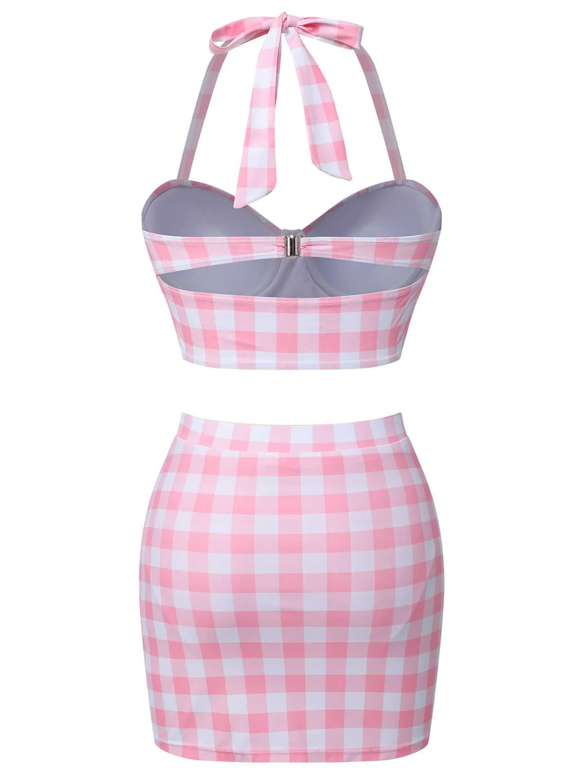 [US Warehouse] Pink 1950s Halter Plaids Bow Swimsuit - Image 4