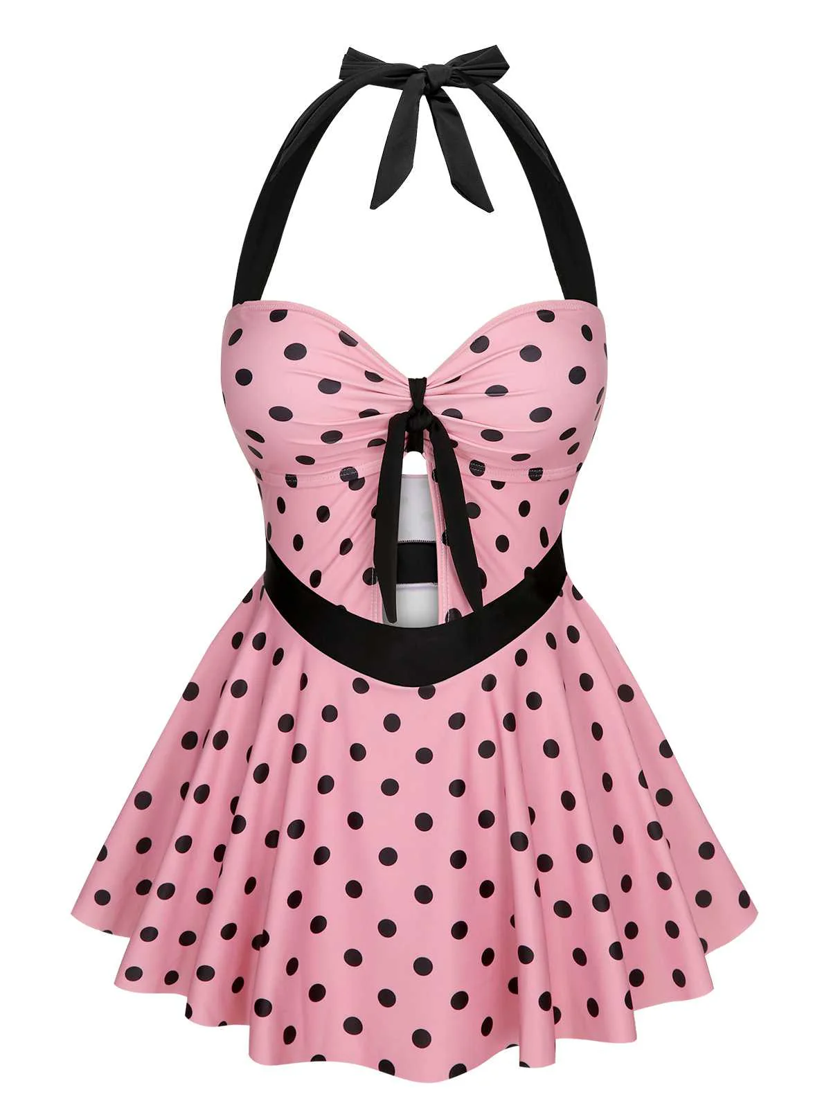 [US Warehouse] Pink 1950s Halter Polka Dots One-Piece Swimsuit - Image 2
