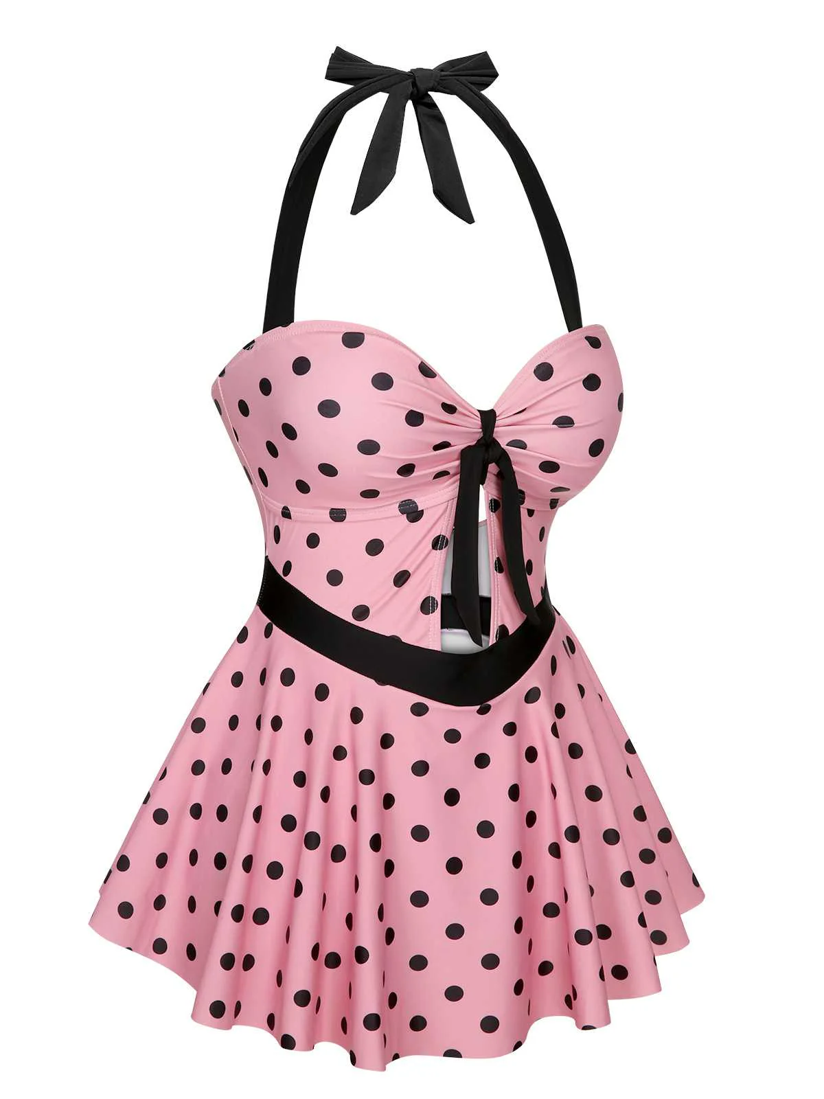 [US Warehouse] Pink 1950s Halter Polka Dots One-Piece Swimsuit - Image 3