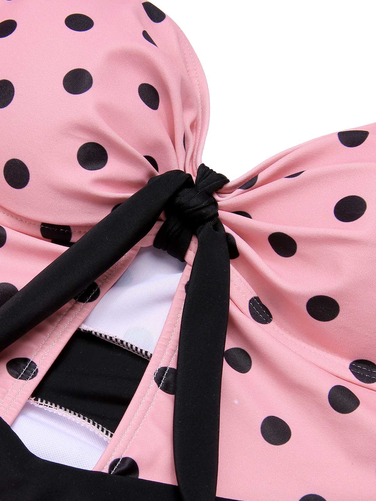 [US Warehouse] Pink 1950s Halter Polka Dots One-Piece Swimsuit - Image 6