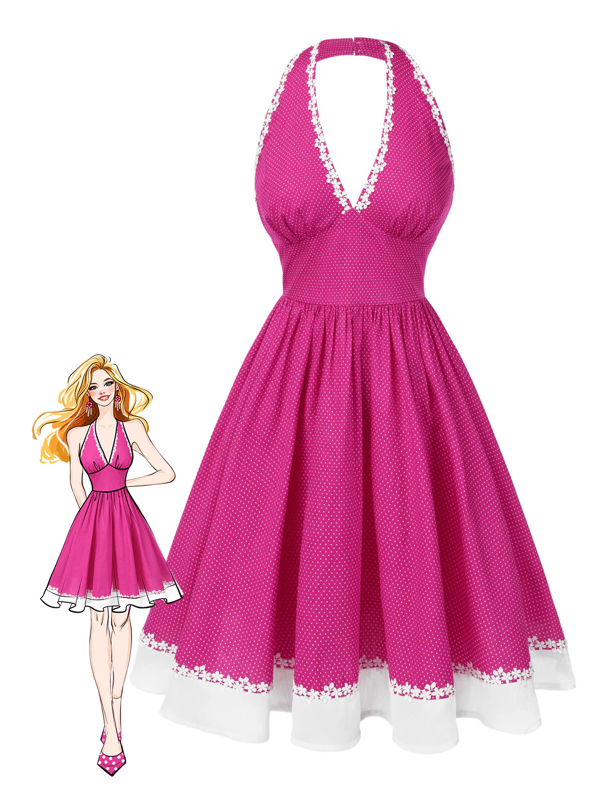 Pink 1950s Polka Dots Halter Cotton Dress - Image 2