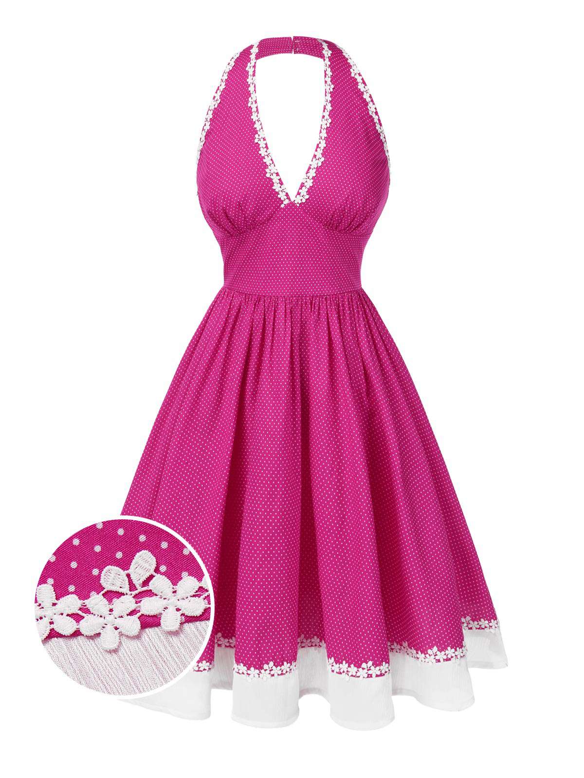 Pink 1950s Polka Dots Halter Cotton Dress - Image 3