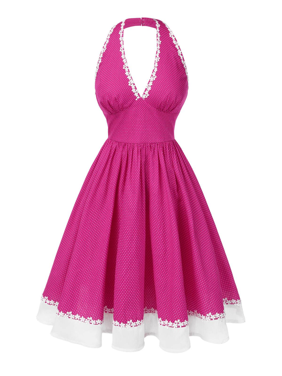 Pink 1950s Polka Dots Halter Cotton Dress - Image 4