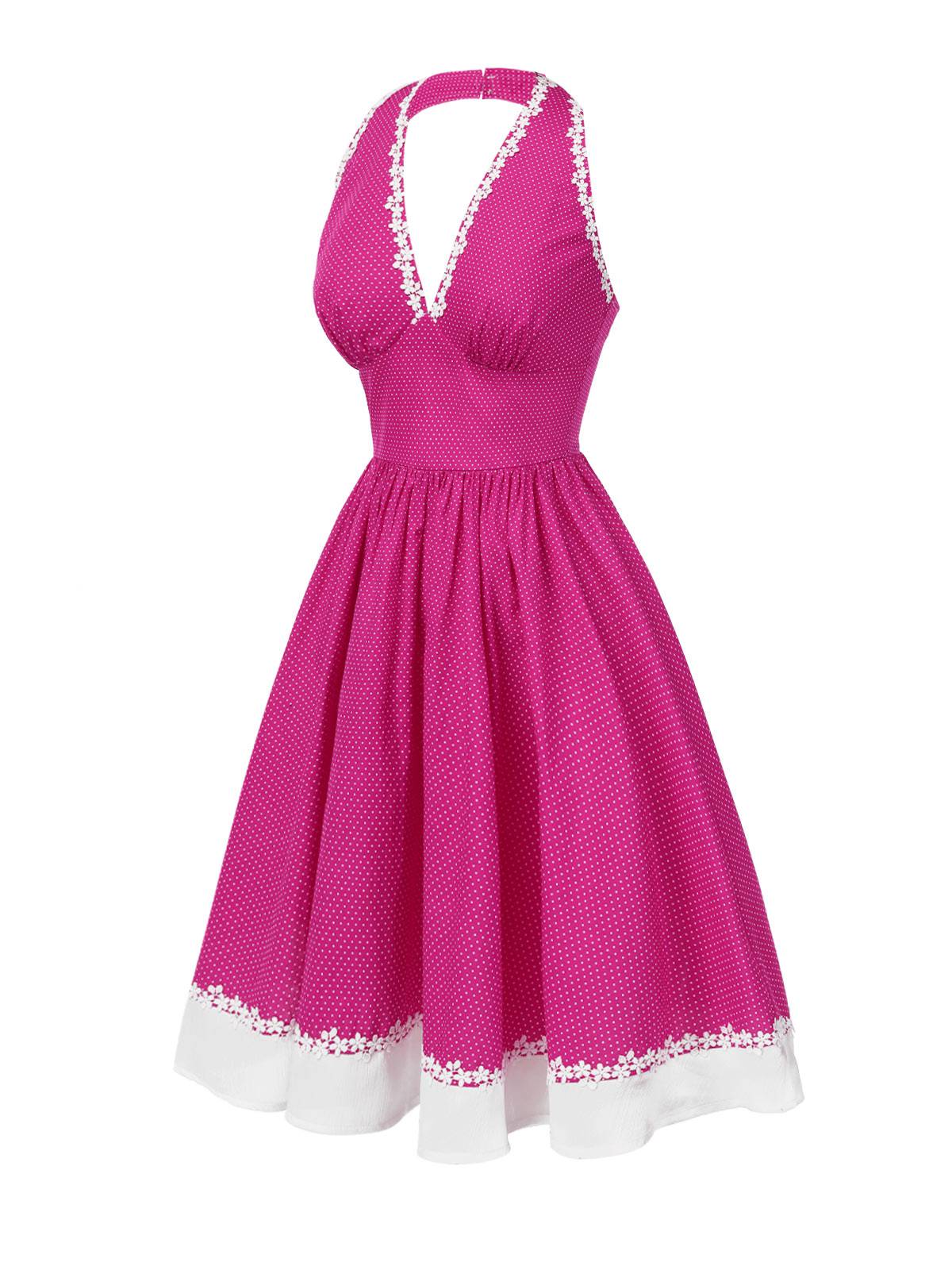 Pink 1950s Polka Dots Halter Cotton Dress - Image 5
