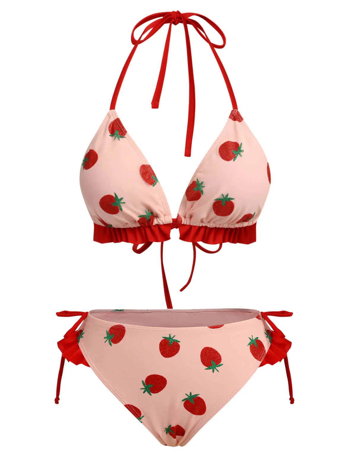 Pink 1950s Strawberry Lace-Up Halter Swimsuit - Image 2