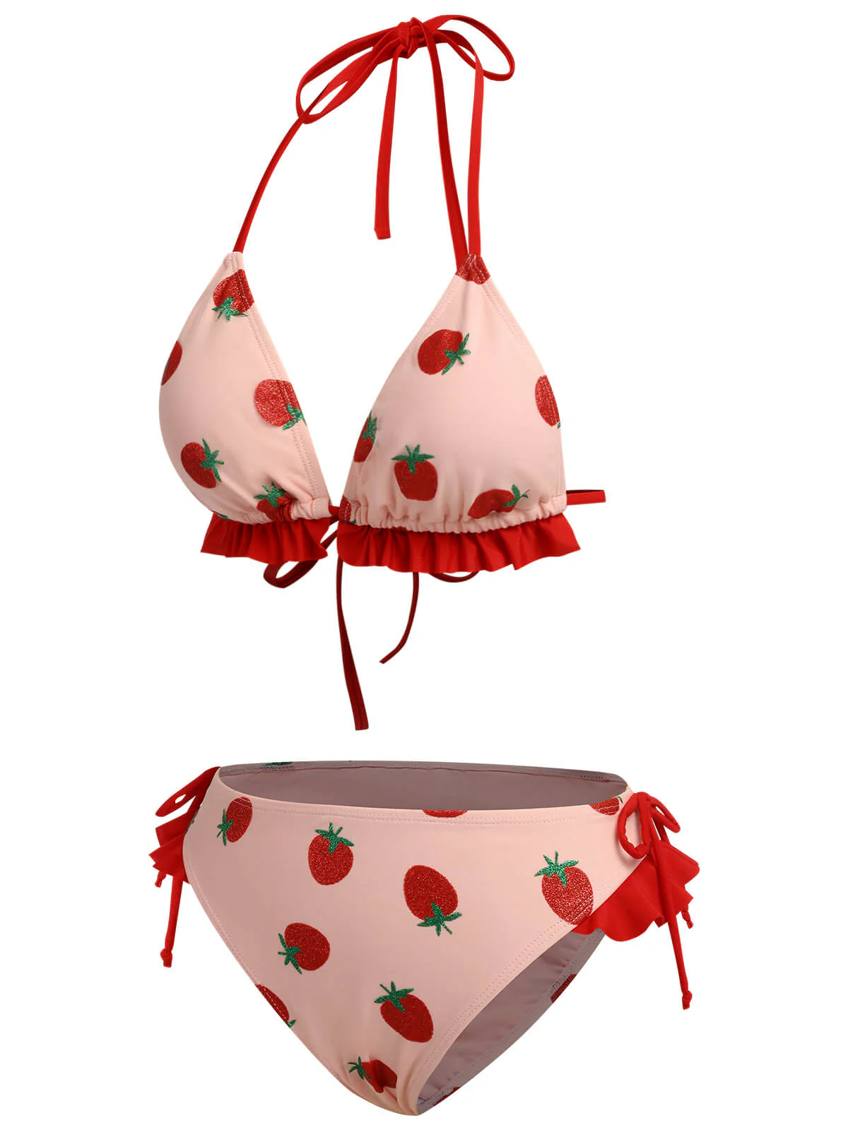 Pink 1950s Strawberry Lace-Up Halter Swimsuit - Image 3