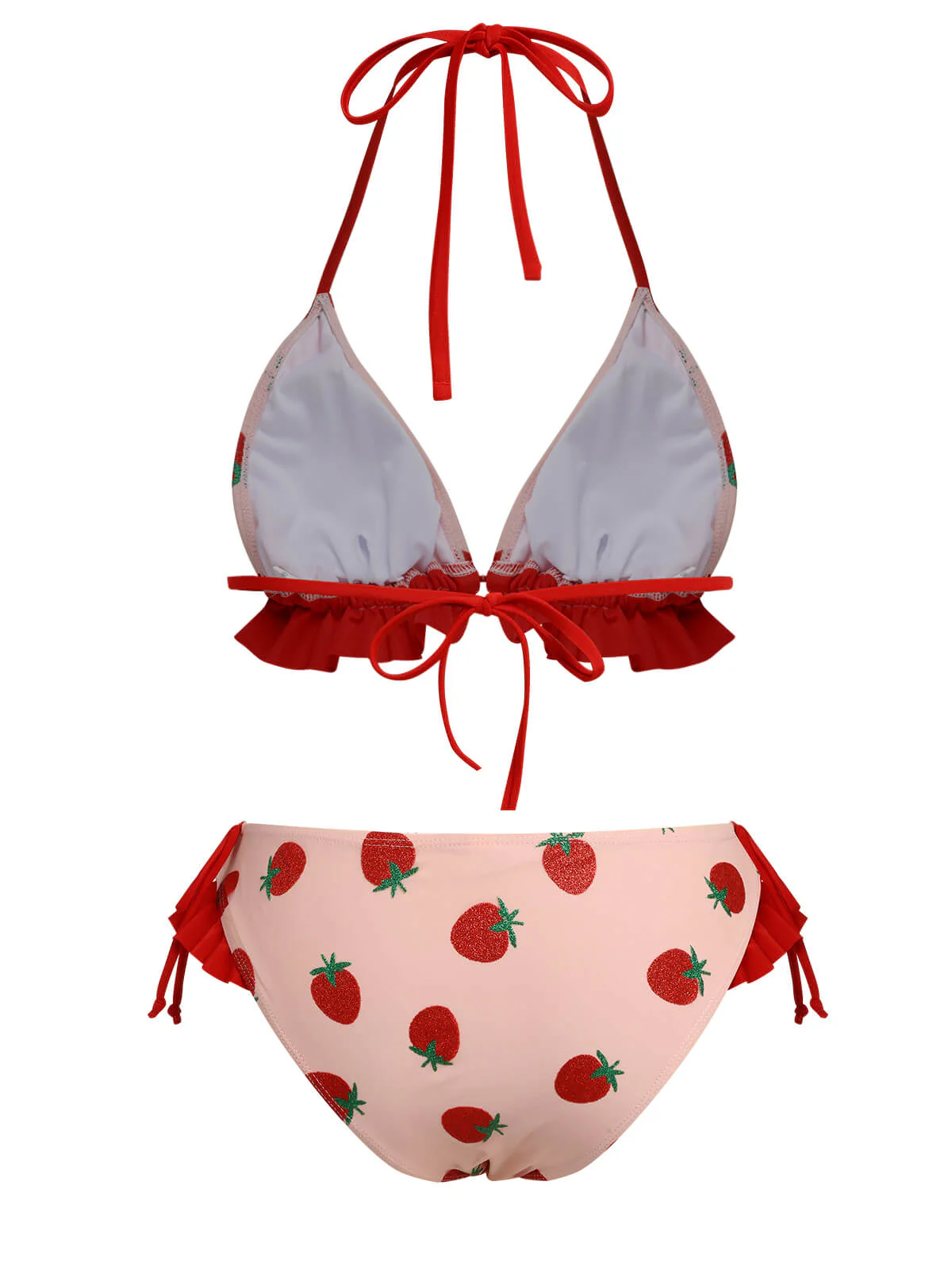 Pink 1950s Strawberry Lace-Up Halter Swimsuit - Image 4