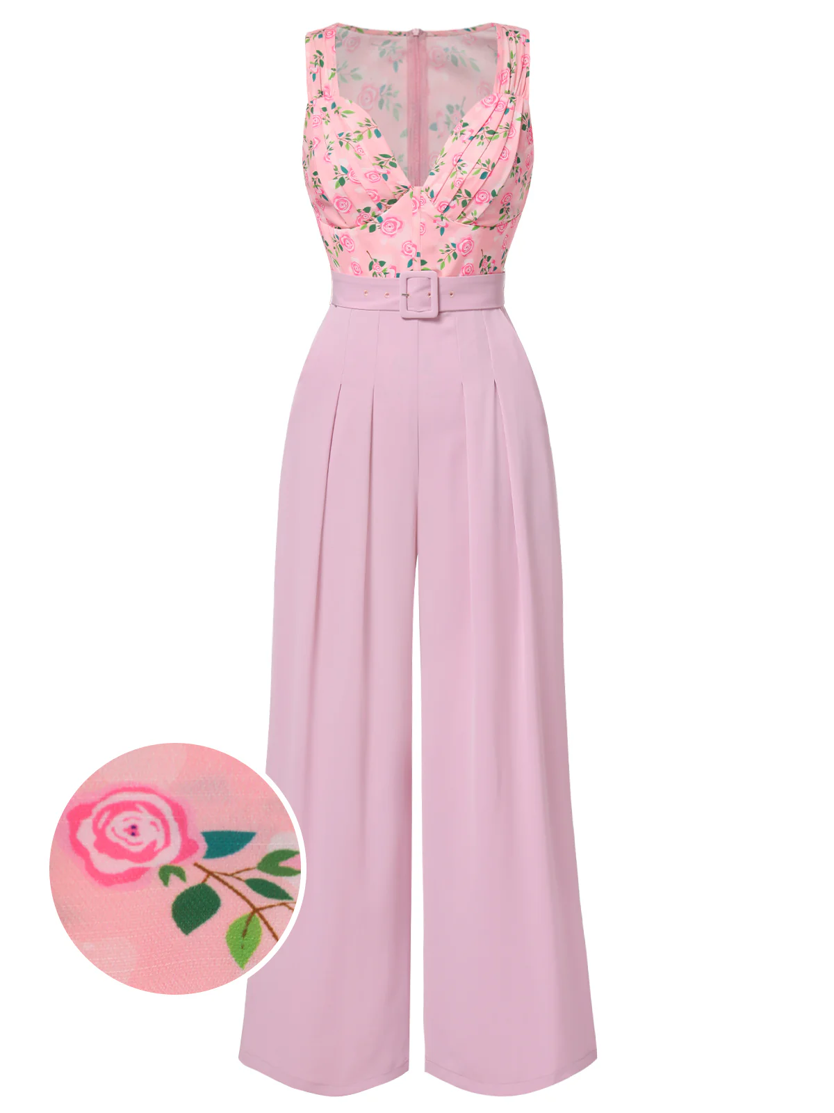 Pink 1960s Heart Neck Roses Belted Jumpsuit - Image 2