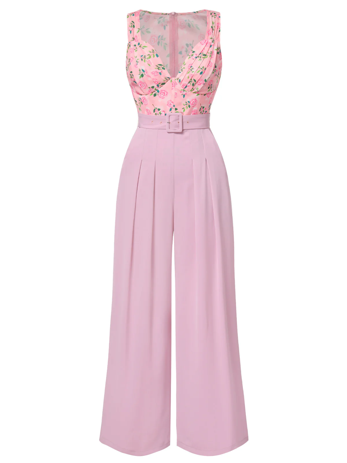 Pink 1960s Heart Neck Roses Belted Jumpsuit - Image 3