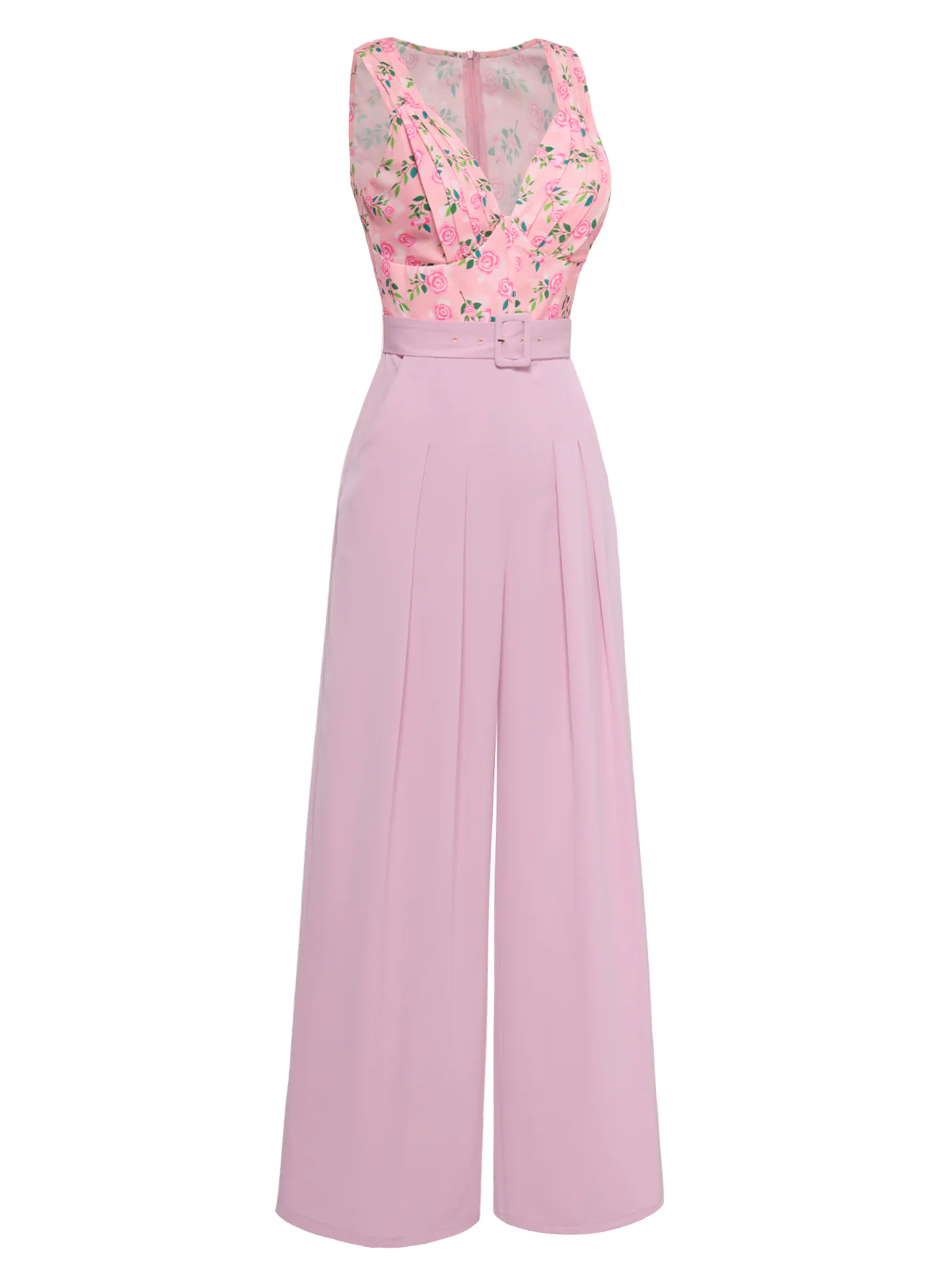 Pink 1960s Heart Neck Roses Belted Jumpsuit - Image 4