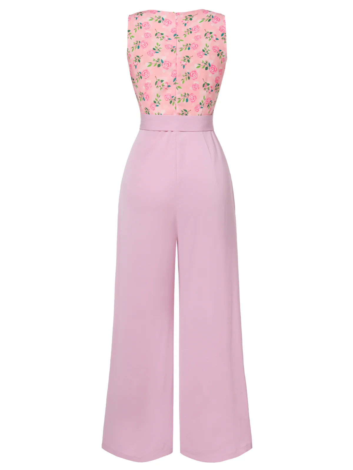 Pink 1960s Heart Neck Roses Belted Jumpsuit - Image 5