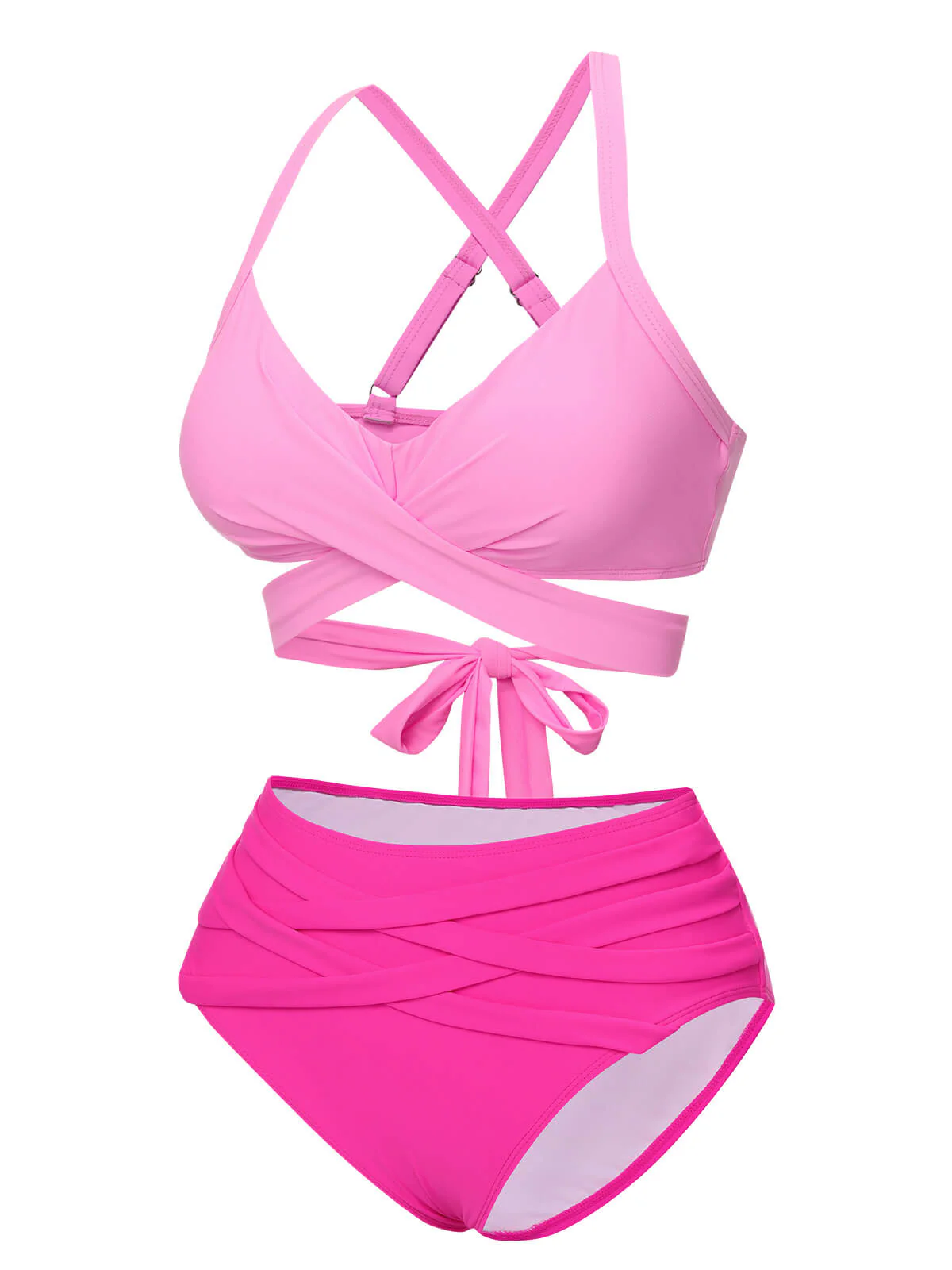 [US Warehouse] Pink 1960s Solid Strap Bandage Bikini Set - Image 2