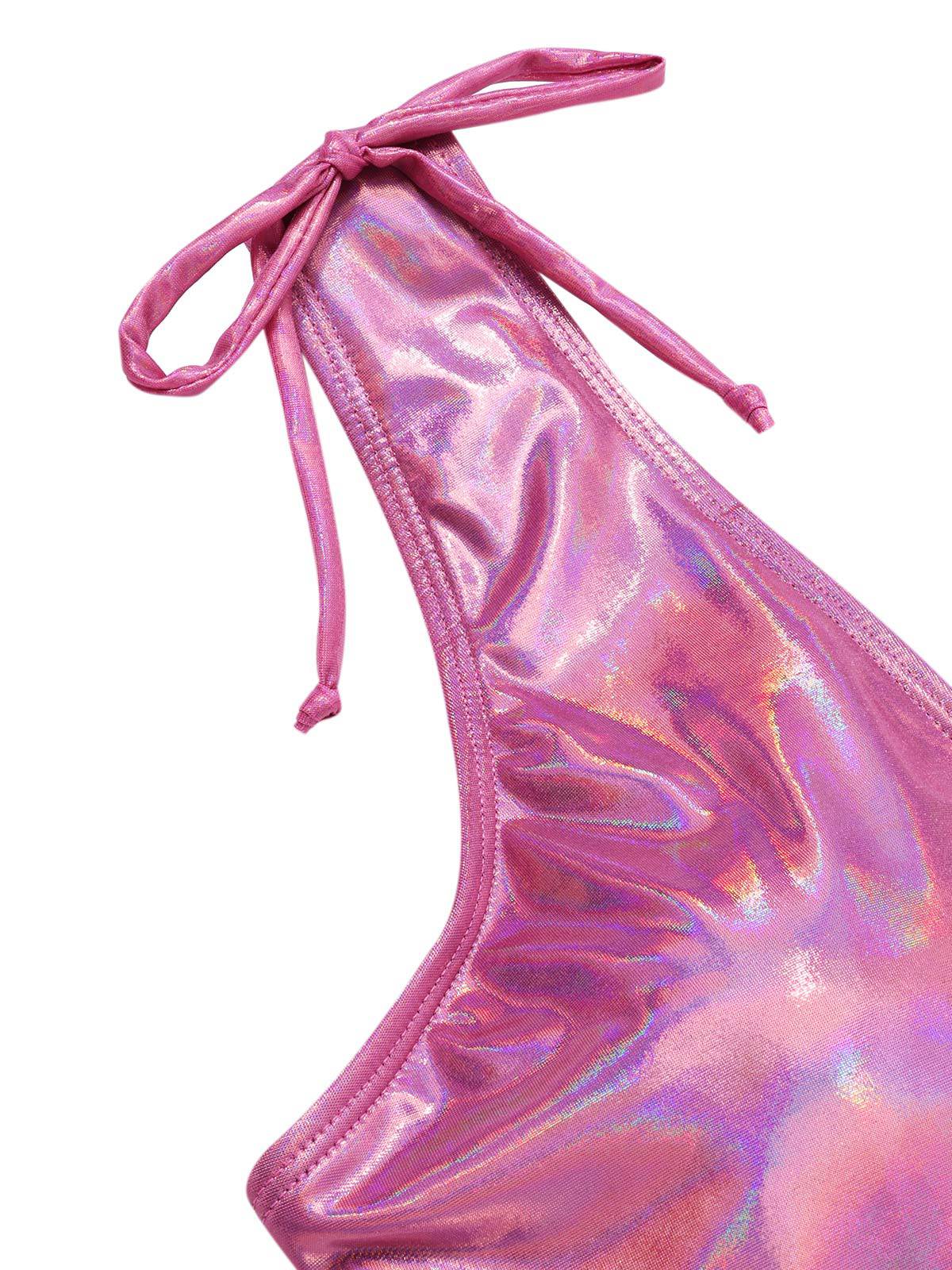 [US Warehouse] Pink 1970s Bow Deep V Gloss Hollow Swimsuit - Image 5