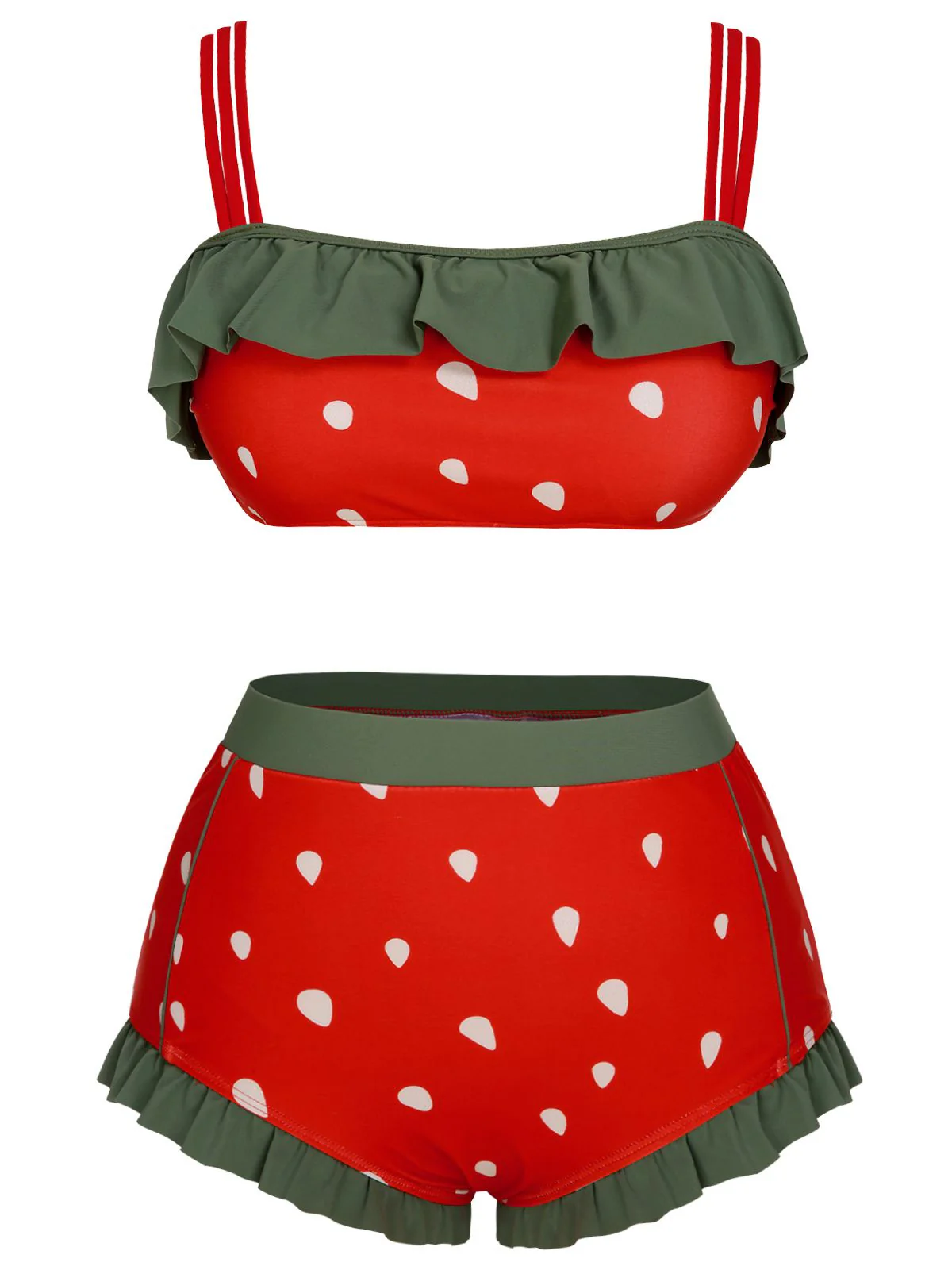 [US Warehouse] [Plus Size] Red 1950s Strawberry Ruffle Strap Swimsuit - Image 2