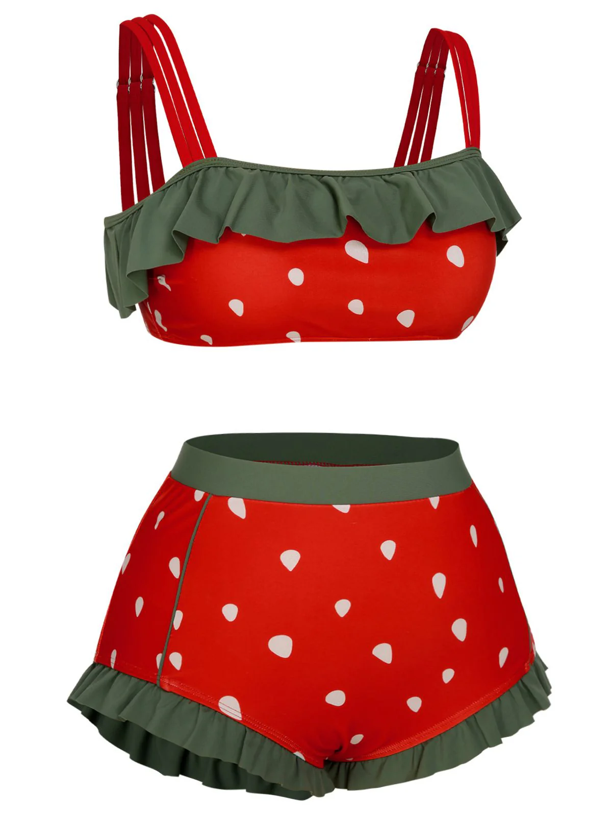 [US Warehouse] [Plus Size] Red 1950s Strawberry Ruffle Strap Swimsuit - Image 3