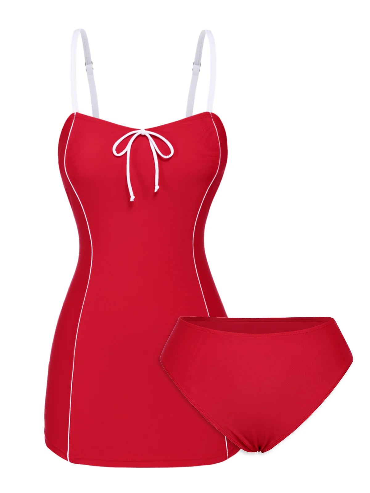 [US Warehouse] Red 1940s Bow Straps One-Piece Swimsuit - Image 3