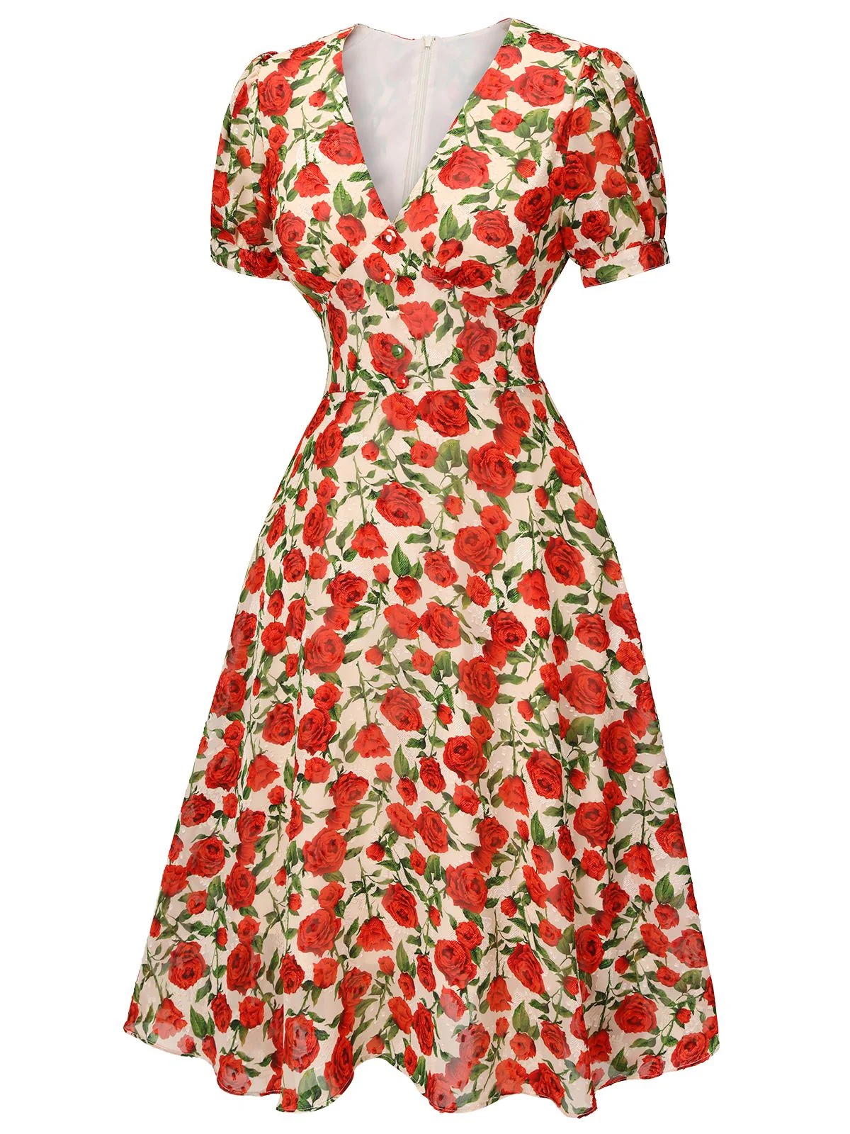 [US Warehouse] Red 1940s Rose V-Neck Swing Dress - Image 3