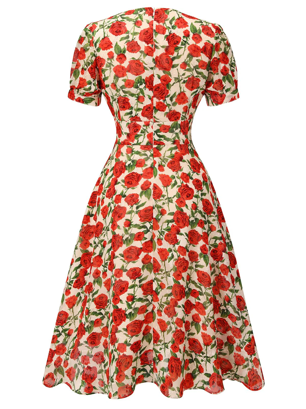 [US Warehouse] Red 1940s Rose V-Neck Swing Dress - Image 4