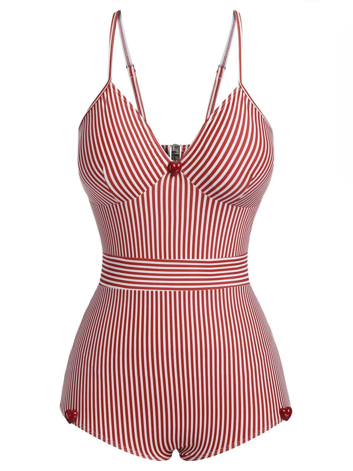 [US Warehouse] Red 1940s Spaghetti Strap Stripes One-Piece Swimsuit - Image 2