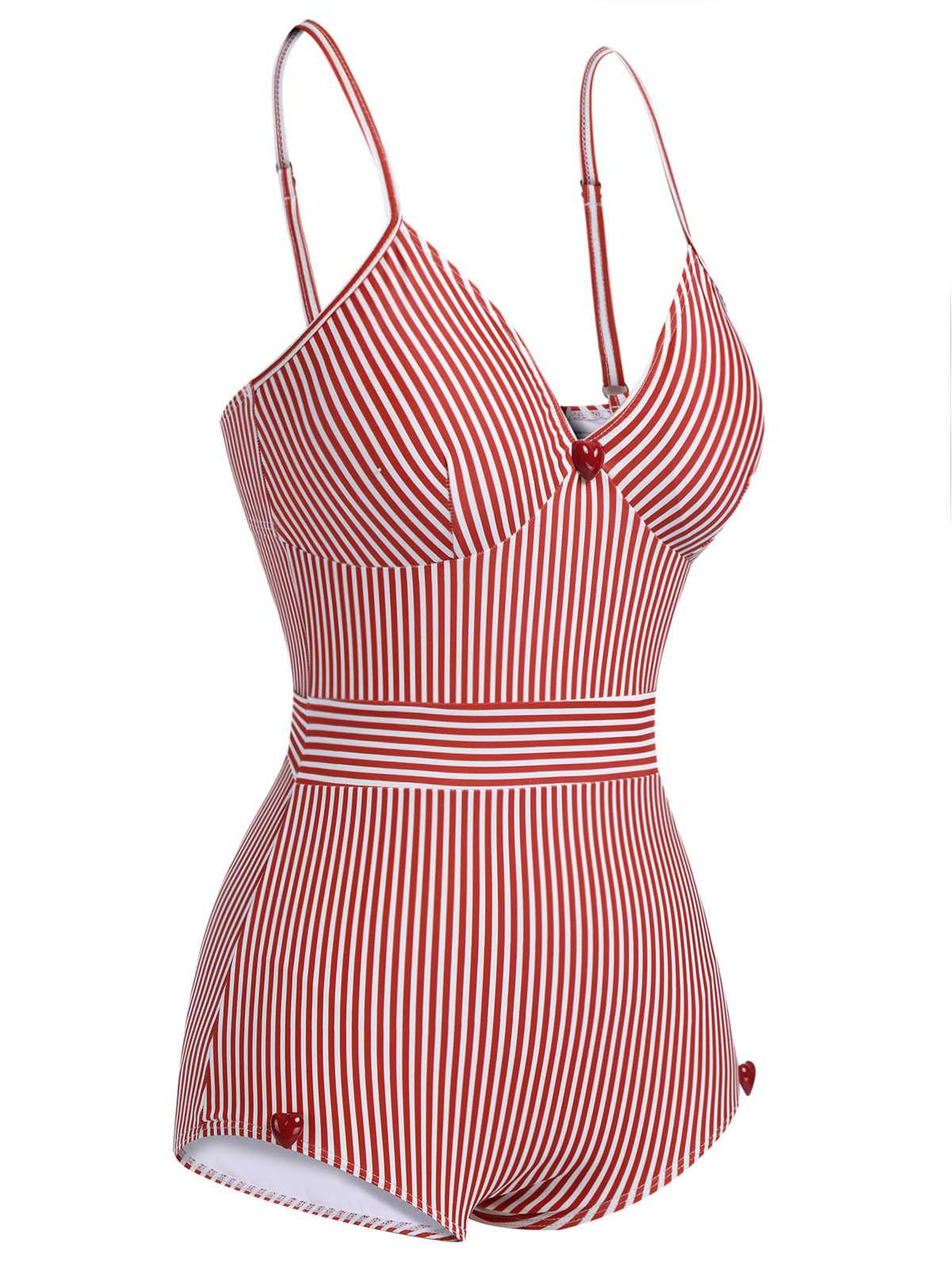 [US Warehouse] Red 1940s Spaghetti Strap Stripes One-Piece Swimsuit - Image 3