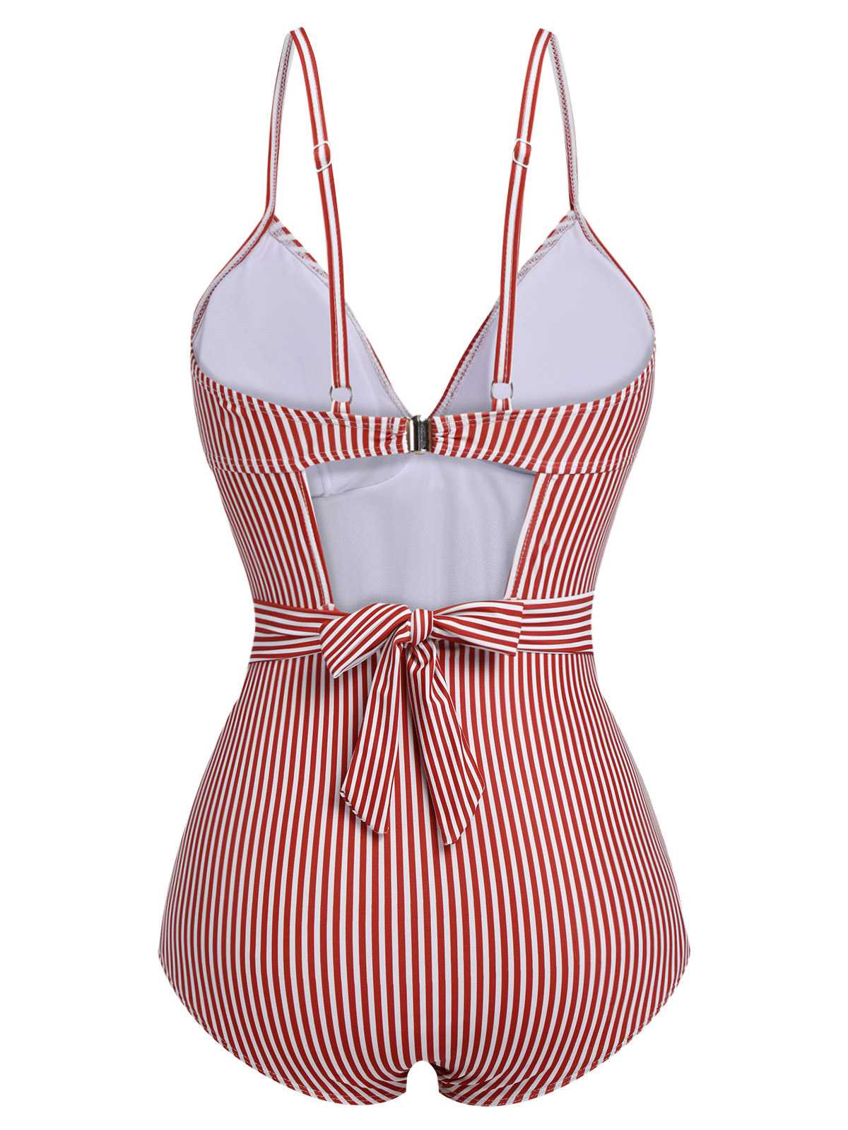 [US Warehouse] Red 1940s Spaghetti Strap Stripes One-Piece Swimsuit - Image 4