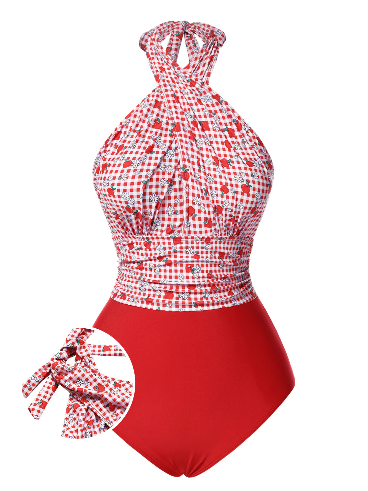 Red 1950s Apple Plaid Wrapped Swimsuit - Image 3