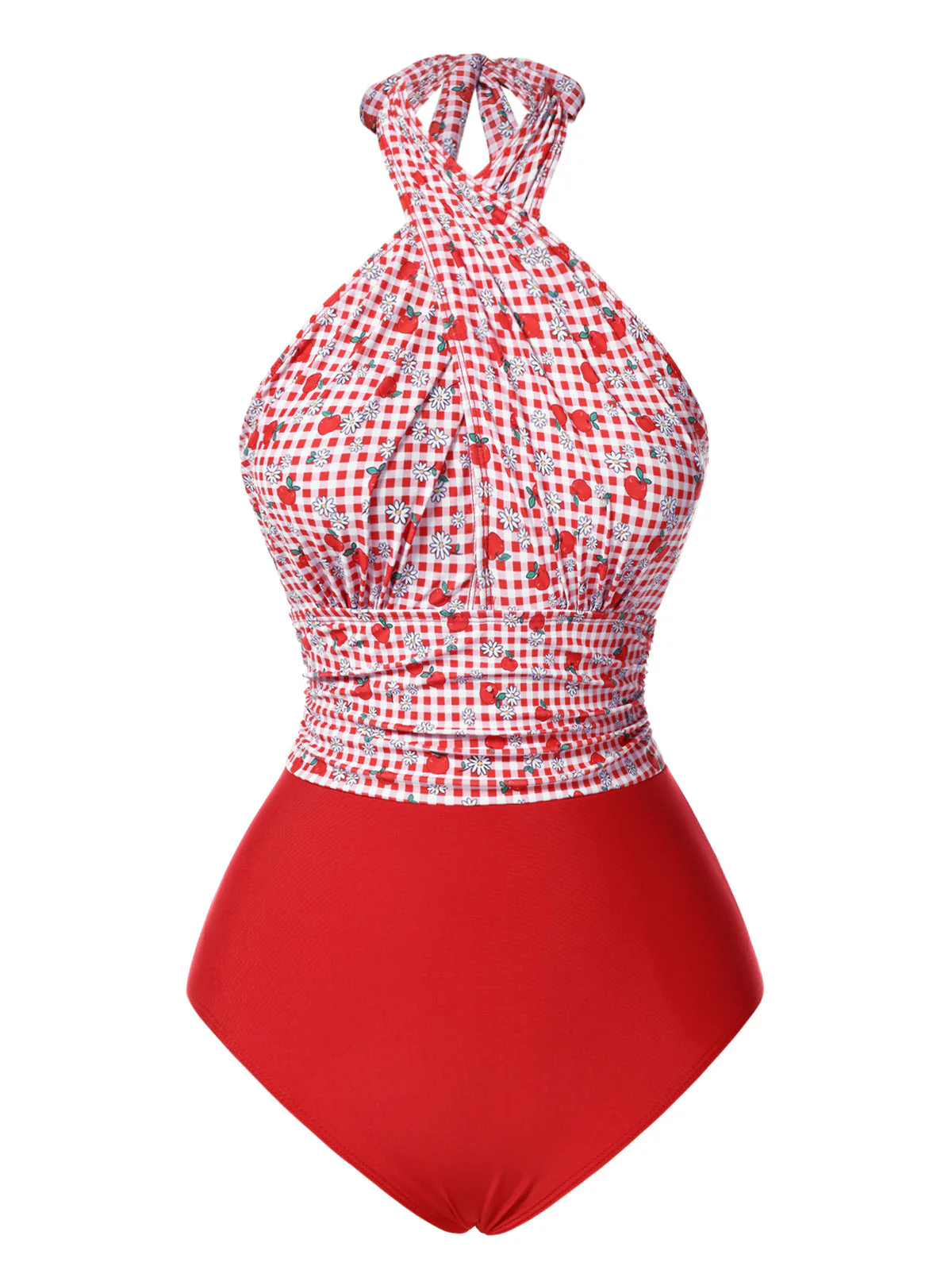 Red 1950s Apple Plaid Wrapped Swimsuit - Image 4