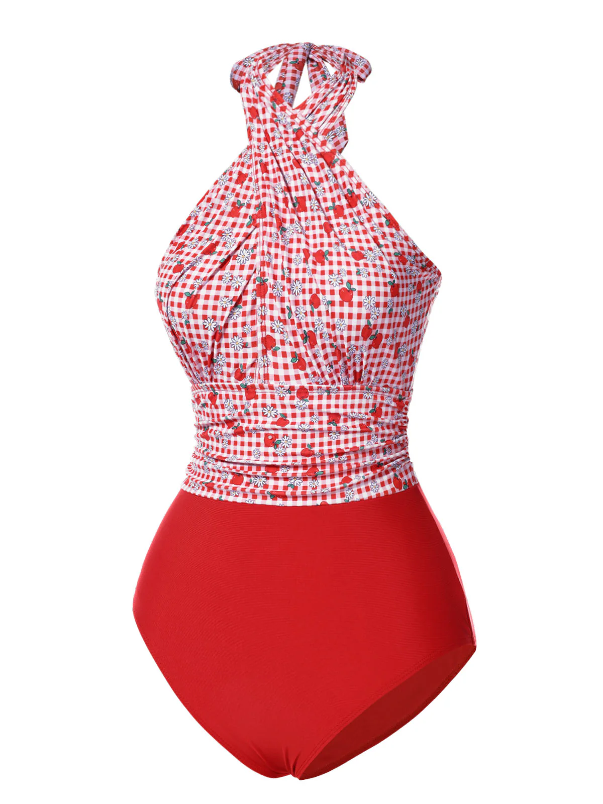 Red 1950s Apple Plaid Wrapped Swimsuit - Image 5