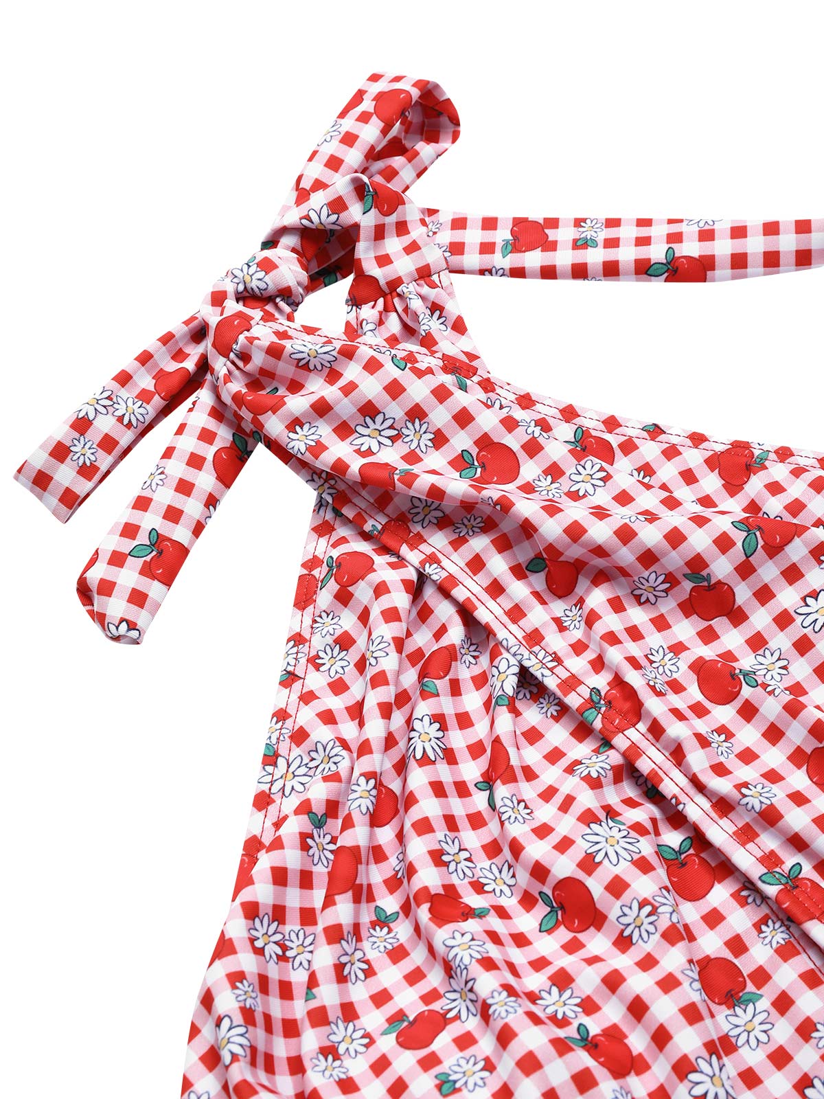 Red 1950s Apple Plaid Wrapped Swimsuit - Image 8
