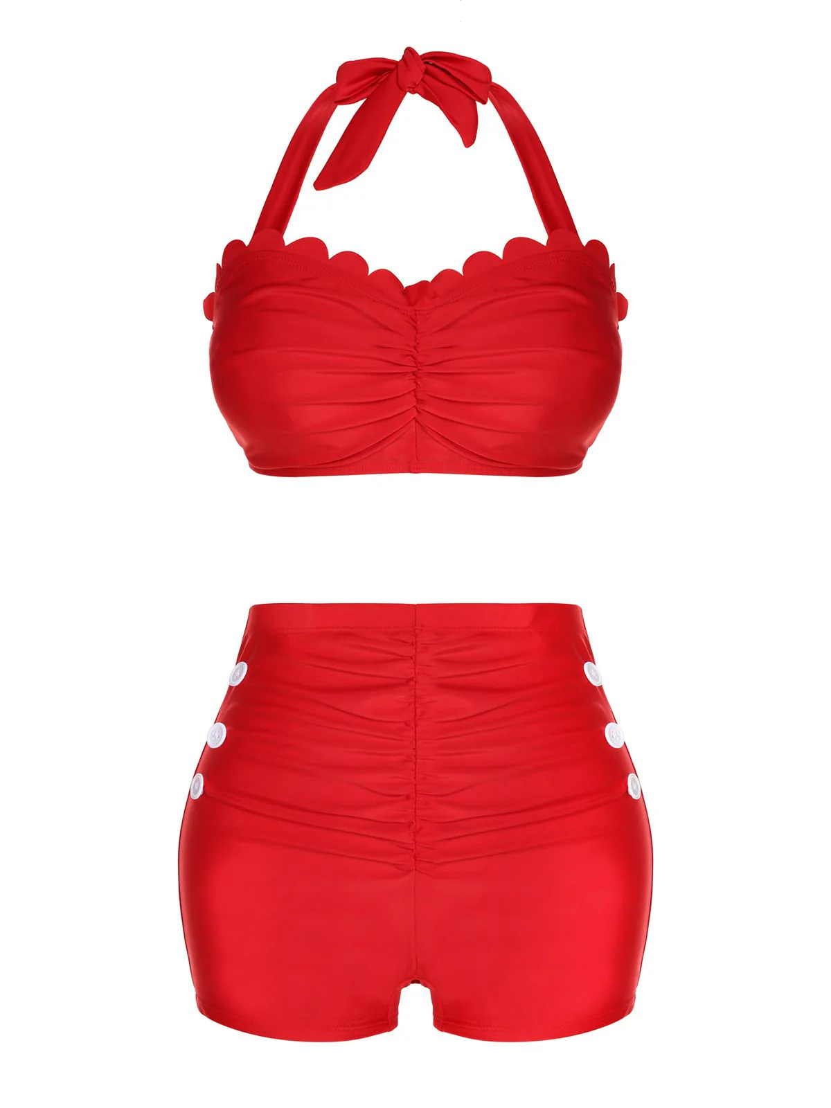 Red 1950s Button Ruffles Halter Swimsuit - Image 2