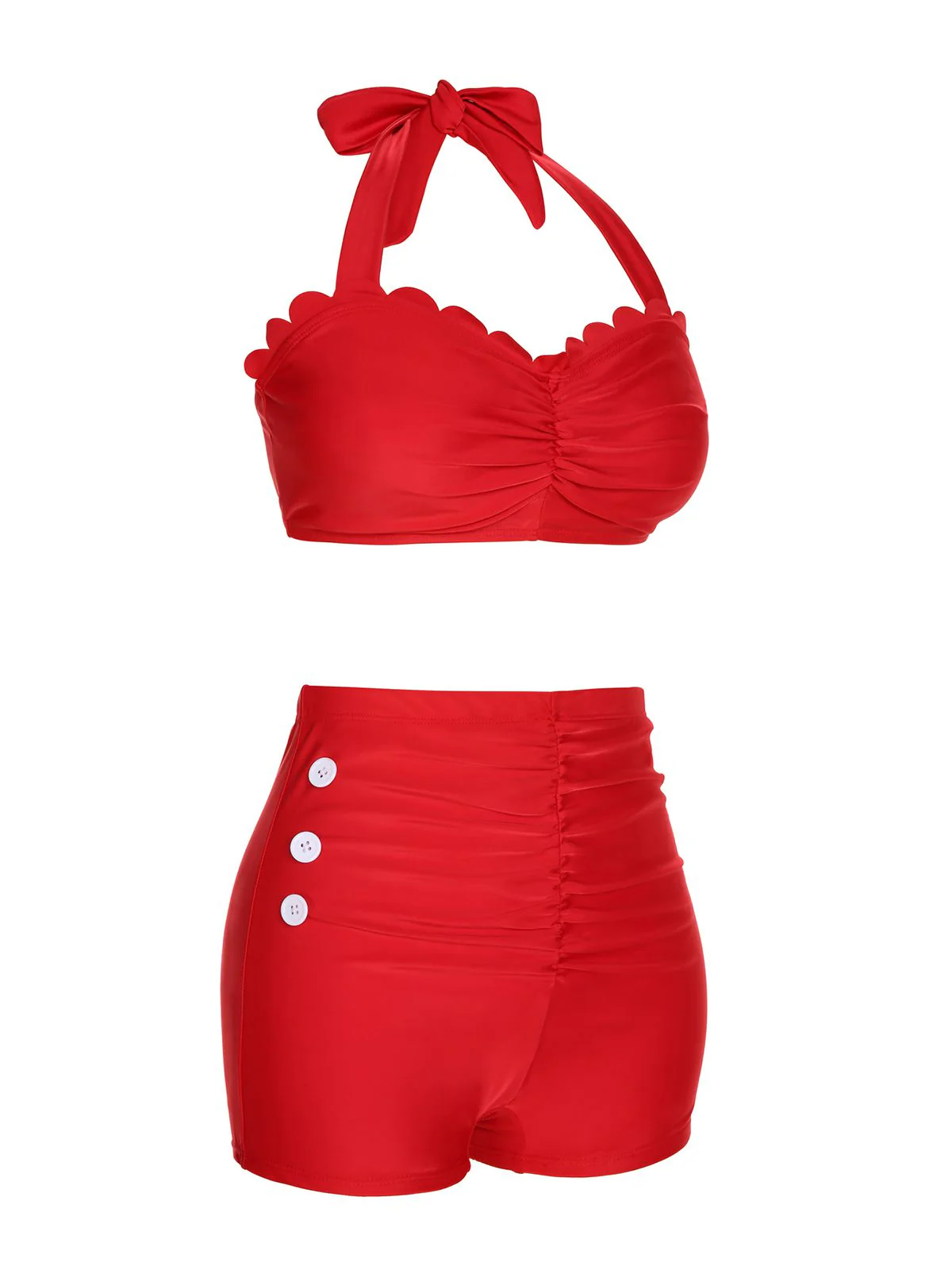 Red 1950s Button Ruffles Halter Swimsuit - Image 3