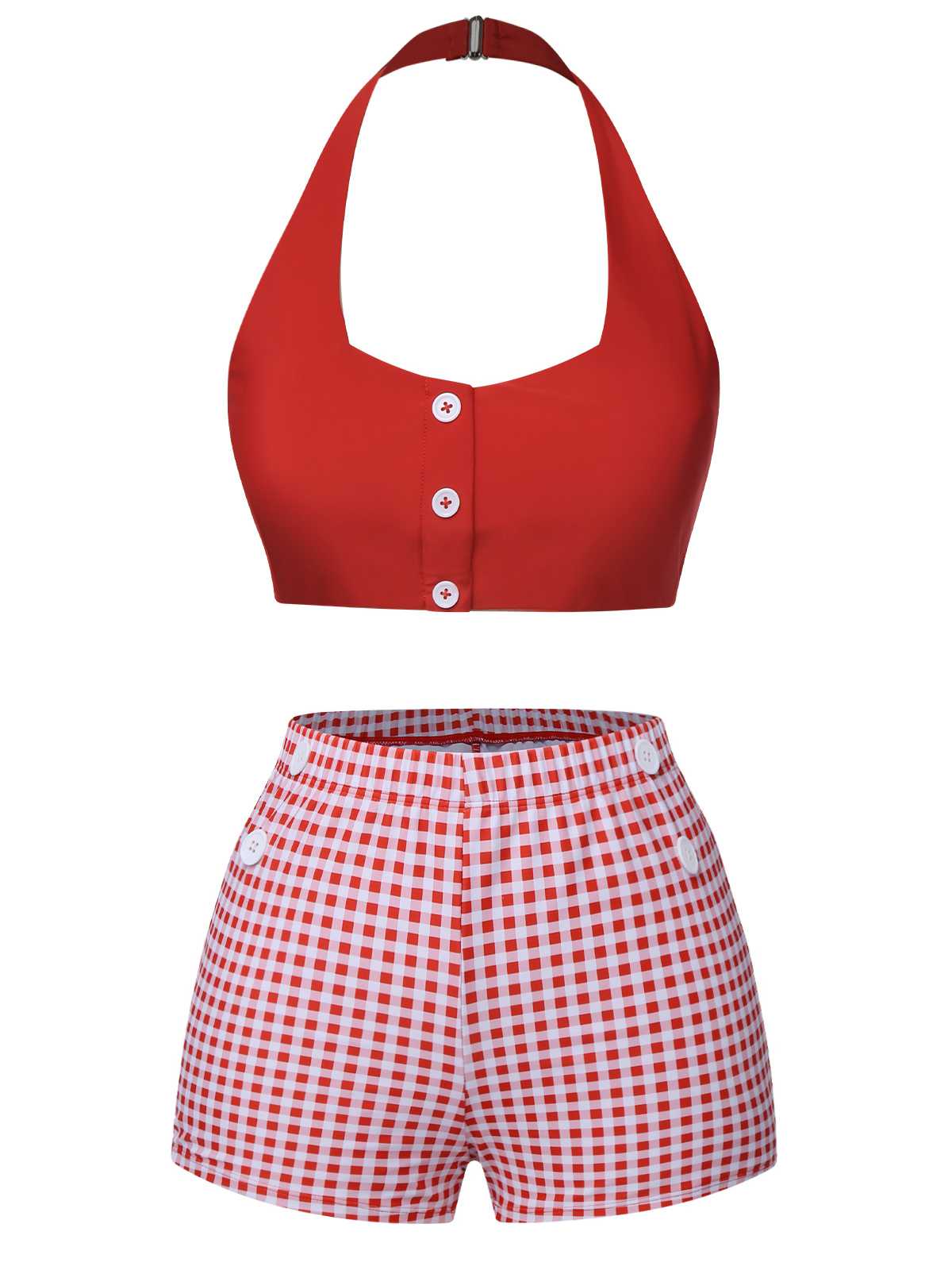 [US Warehouse] Red 1950s Halter Plaids Swimsuit - Image 2